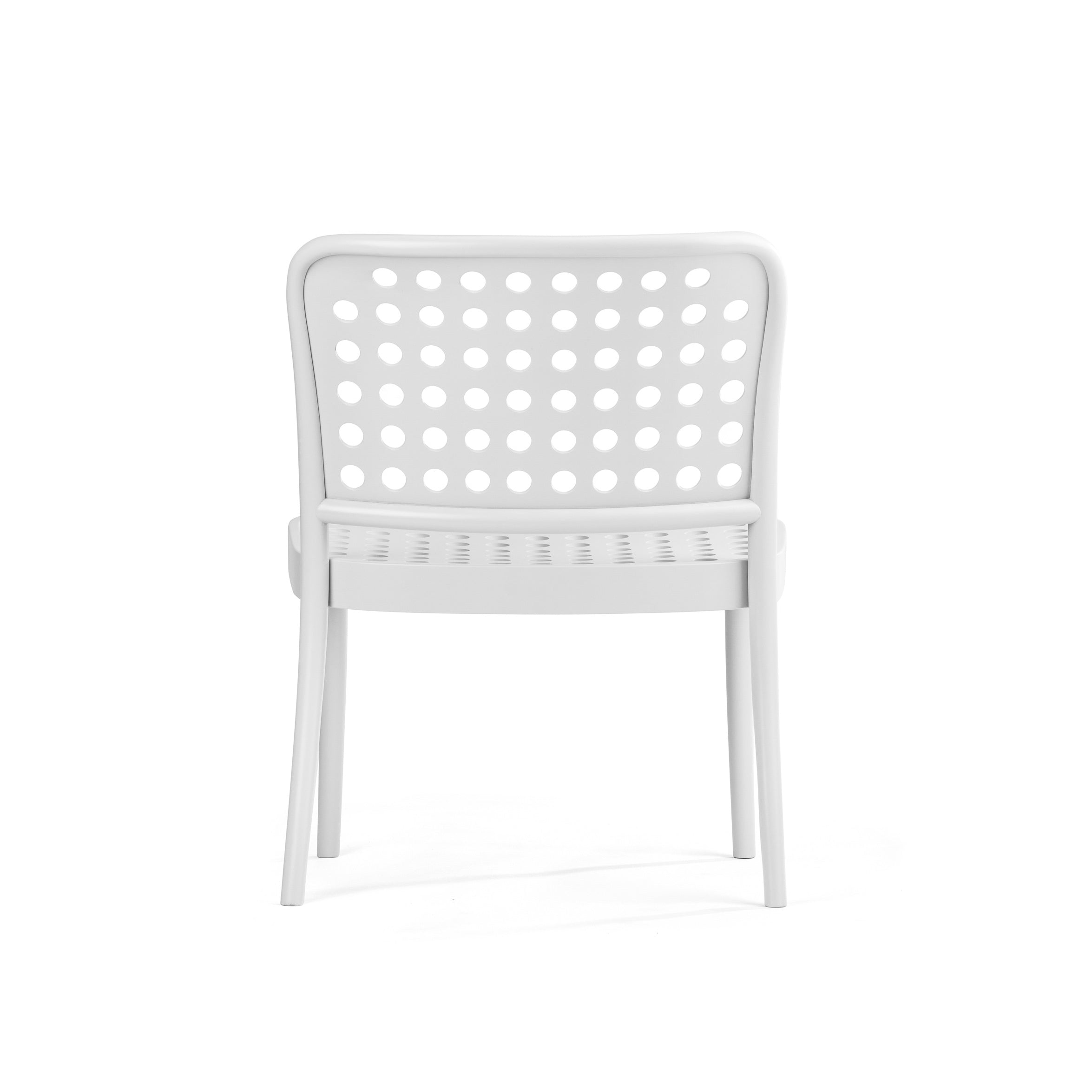 The Lounge Chair 822 by TON, viewed from behind, showcases a white plastic design with a perforated circular backrest pattern. Its Scandinavian minimalist style is enhanced by smooth lines, four legs, and a simple seat against the plain white background.