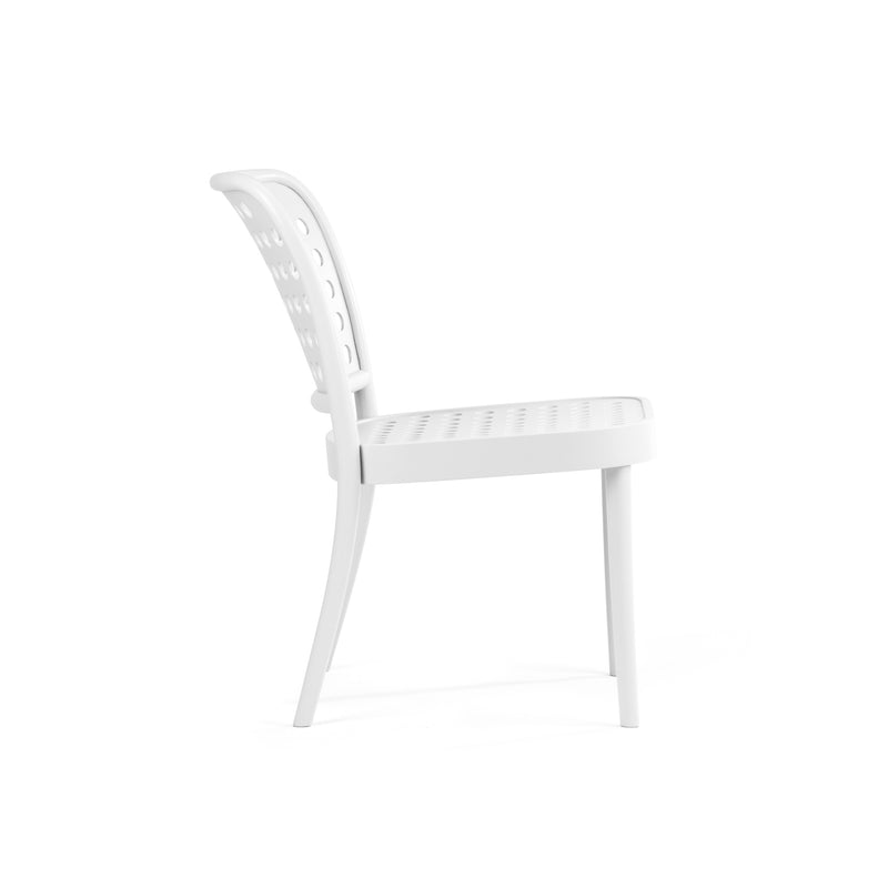The Lounge Chair 822 by TON features a side view of a modern white design with a perforated backrest and seat. Its smooth, curved lines are achieved through wood-bending technology, embodying Scandinavian minimalism.