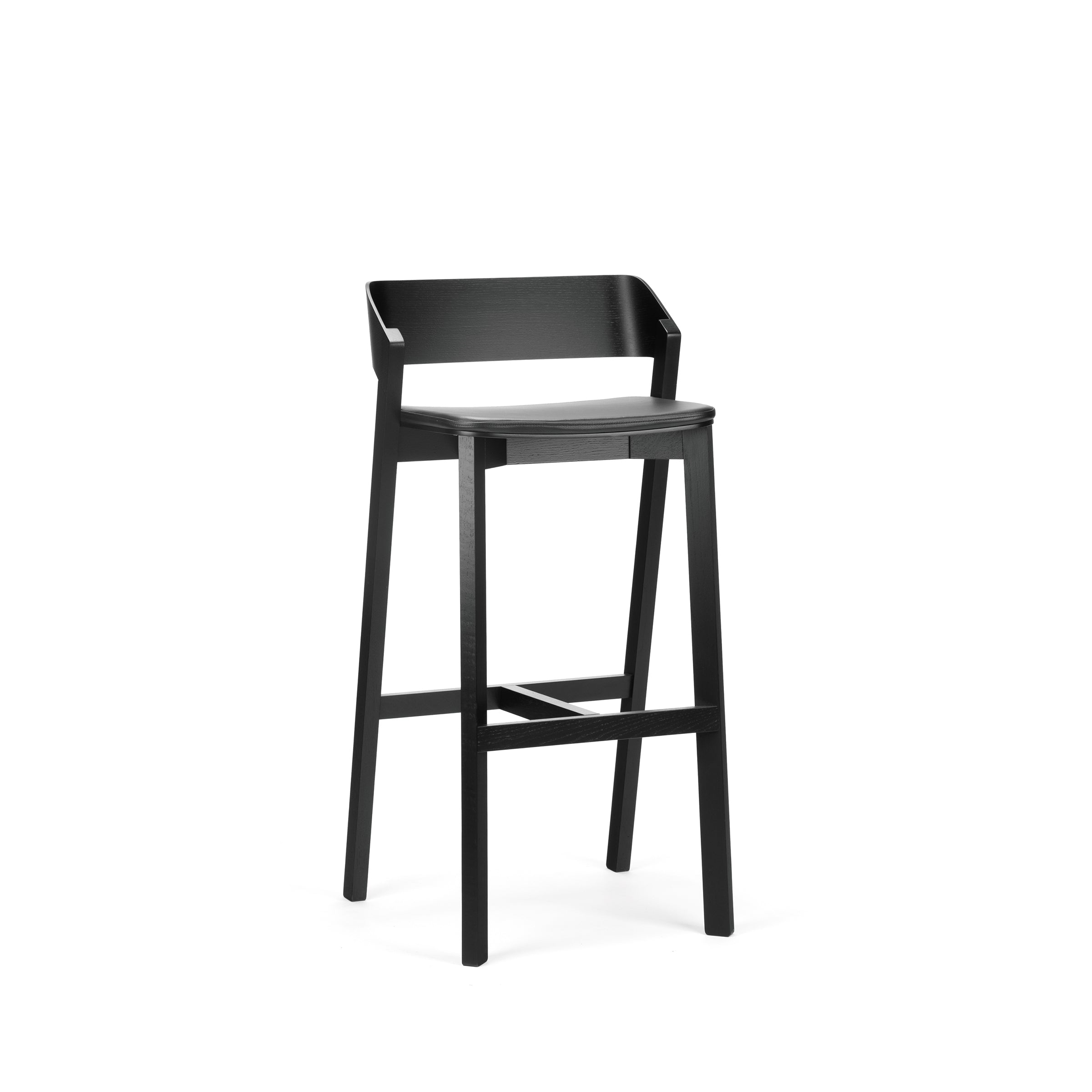 Introducing TONs Barstool Merano, a sleek, modern design crafted from solid wood in black. This stylish stool has a low backrest, four straight legs, and a minimalist look with clean lines and a footrest connecting the front legs for comfort.