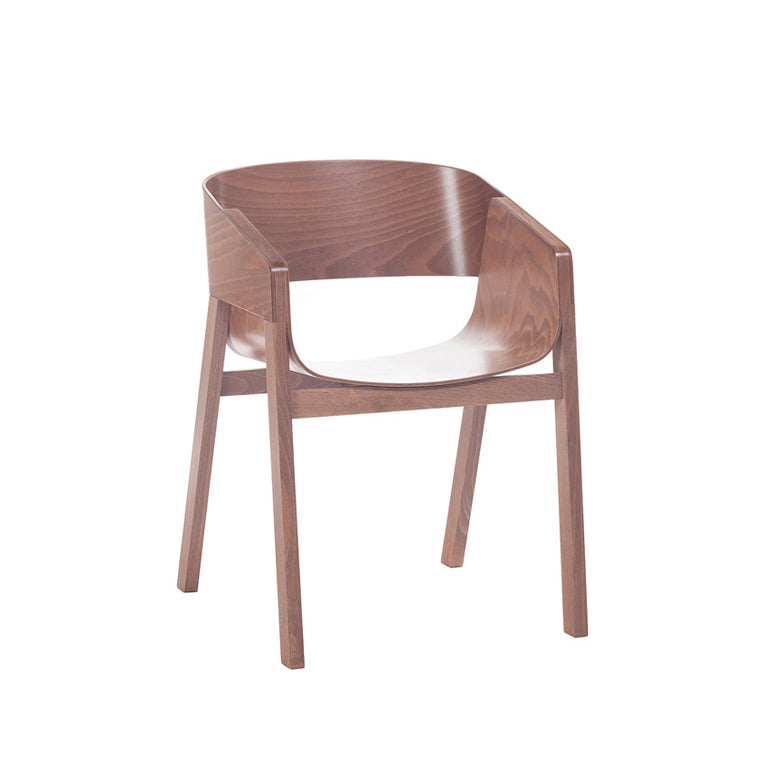 Introducing the Armchair Merano by TON: a modern chair with a curved backrest and smooth finish. It features armrests connected to straight, tapered legs. The solid wood frame ensures durability, while the sleek design highlights the natural grain of the wood.