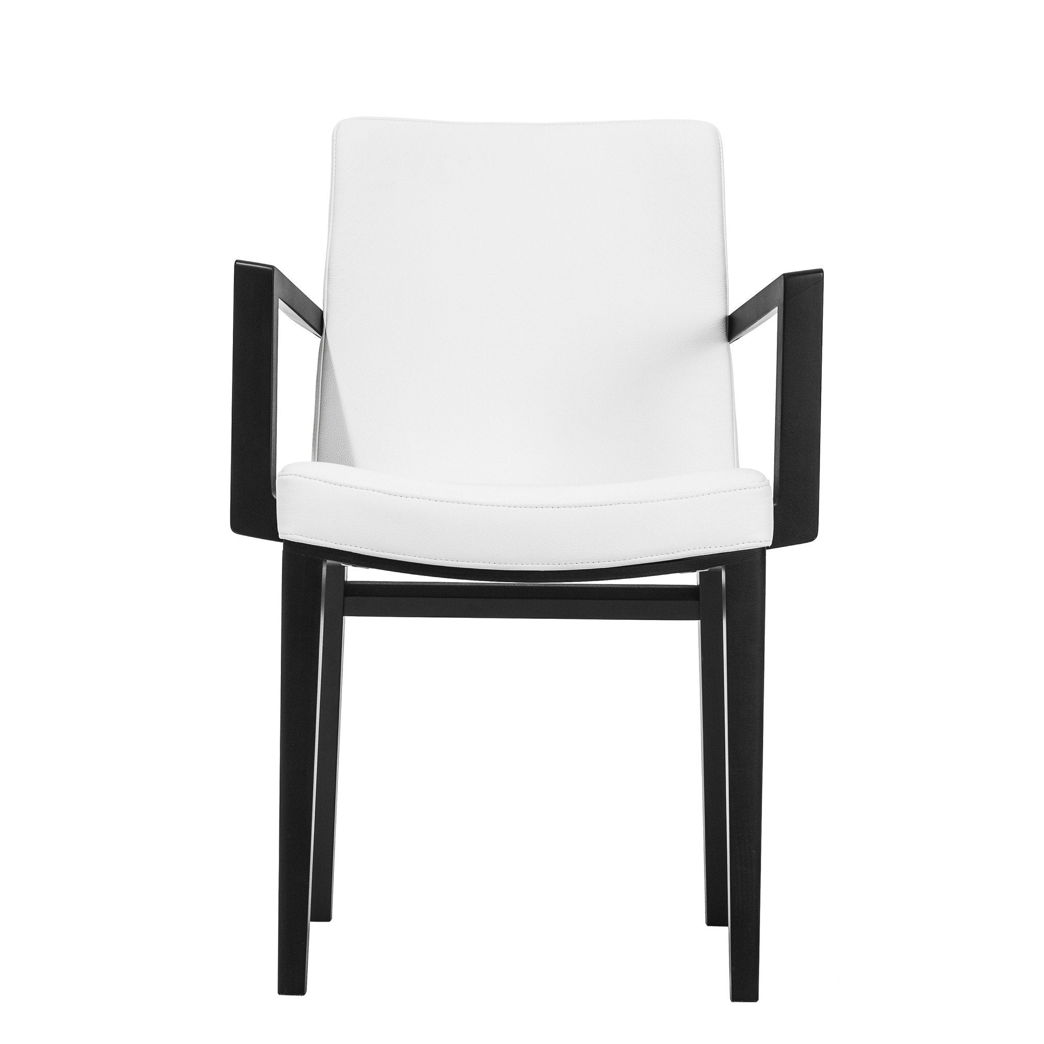 The Armchair Moritz by TON, designed by Kai Stania, features a white cushioned seat and backrest with sleek black armrests and legs against a plain white background, epitomizing premium design.
