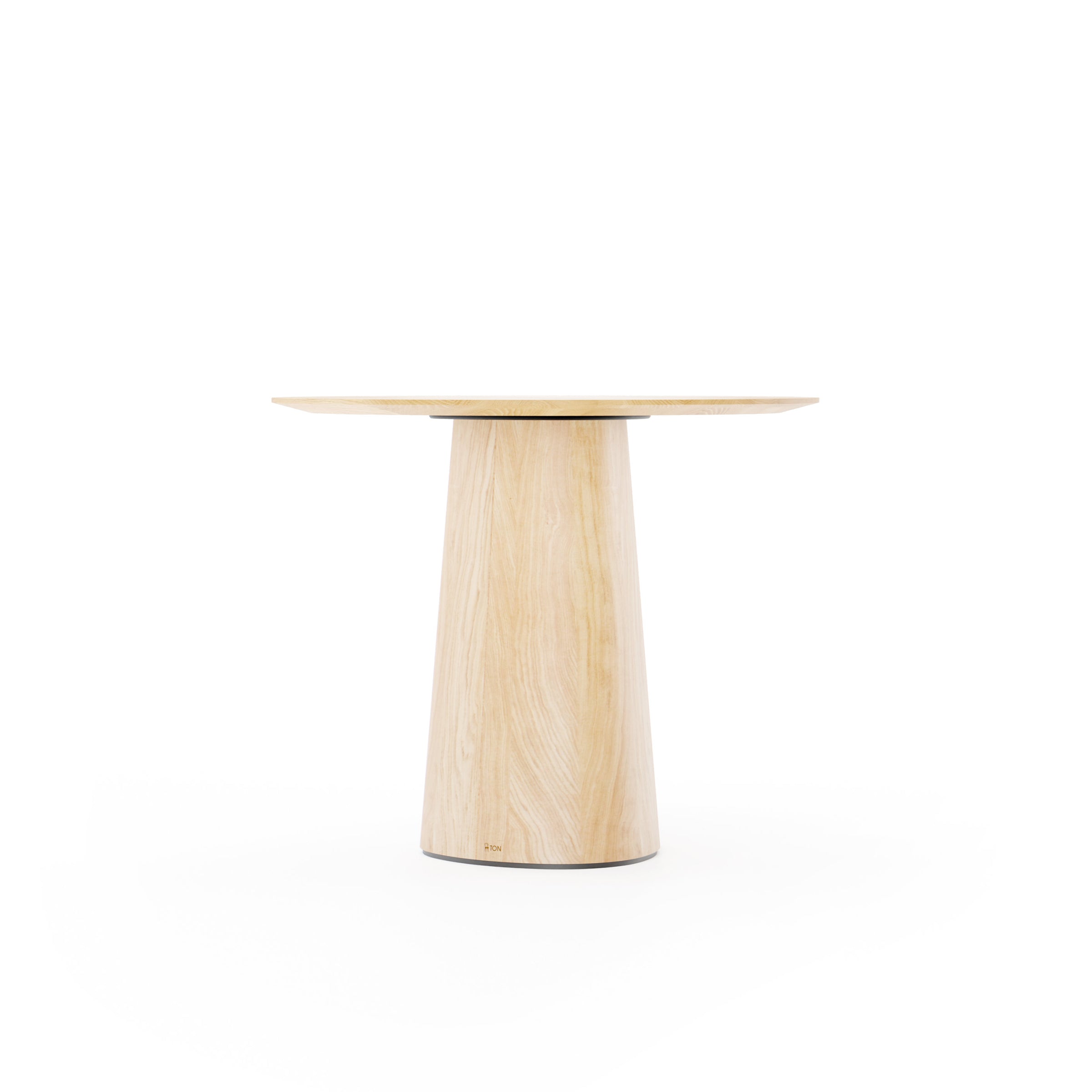The minimalist P.O.V. Table 461 by TON showcases a round wooden surface with a smooth, light wood finish and an organically shaped cylinder base, all set against a white background.