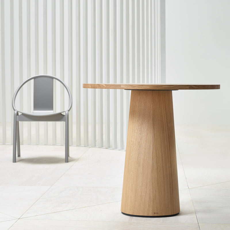 A modern setting highlights the P.O.V. Table 461 by TON with an organic-shaped base upfront and a sleek gray metal chair featuring a circular backrest behind. Light floors and walls harmonize seamlessly with vertical slats in the backdrop.