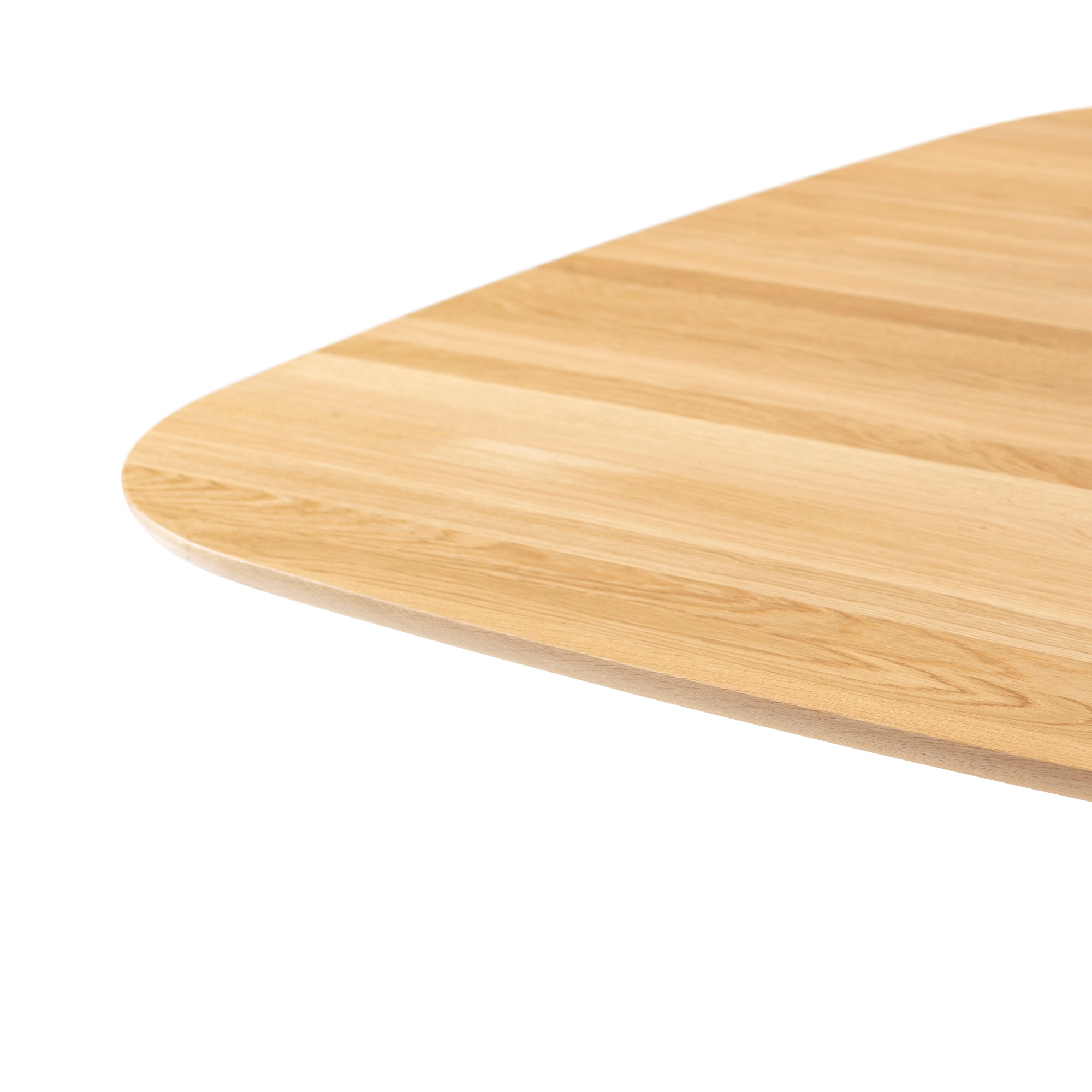 Close-up of the P.O.V. Table 462 by TON, featuring a smooth, polished wooden tabletop with rounded edges. Its natural grain pattern is well-crafted, complementing an organically shaped base.