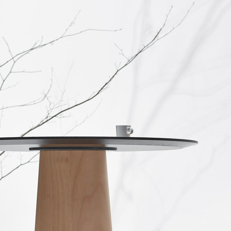 The P.O.V. Table 463 by TON, with its organically shaped black top, holds a small white cup in a minimalist image. Slender tree branches against a soft, cloudy sky create an elegant and serene backdrop.
