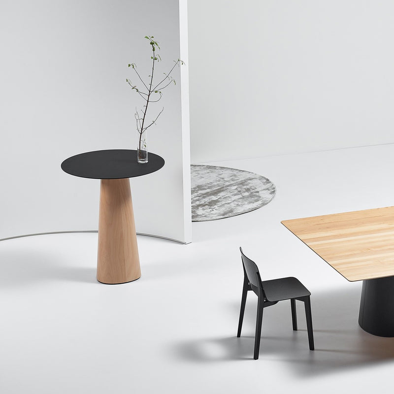 A minimalist room showcases modern furniture: the P.O.V. Table 463 by TON with a black top and organically shaped wooden base, a black chair, a solid wood rectangular table with black base, and a round gray rug. The white walls and floor offer a clean backdrop.