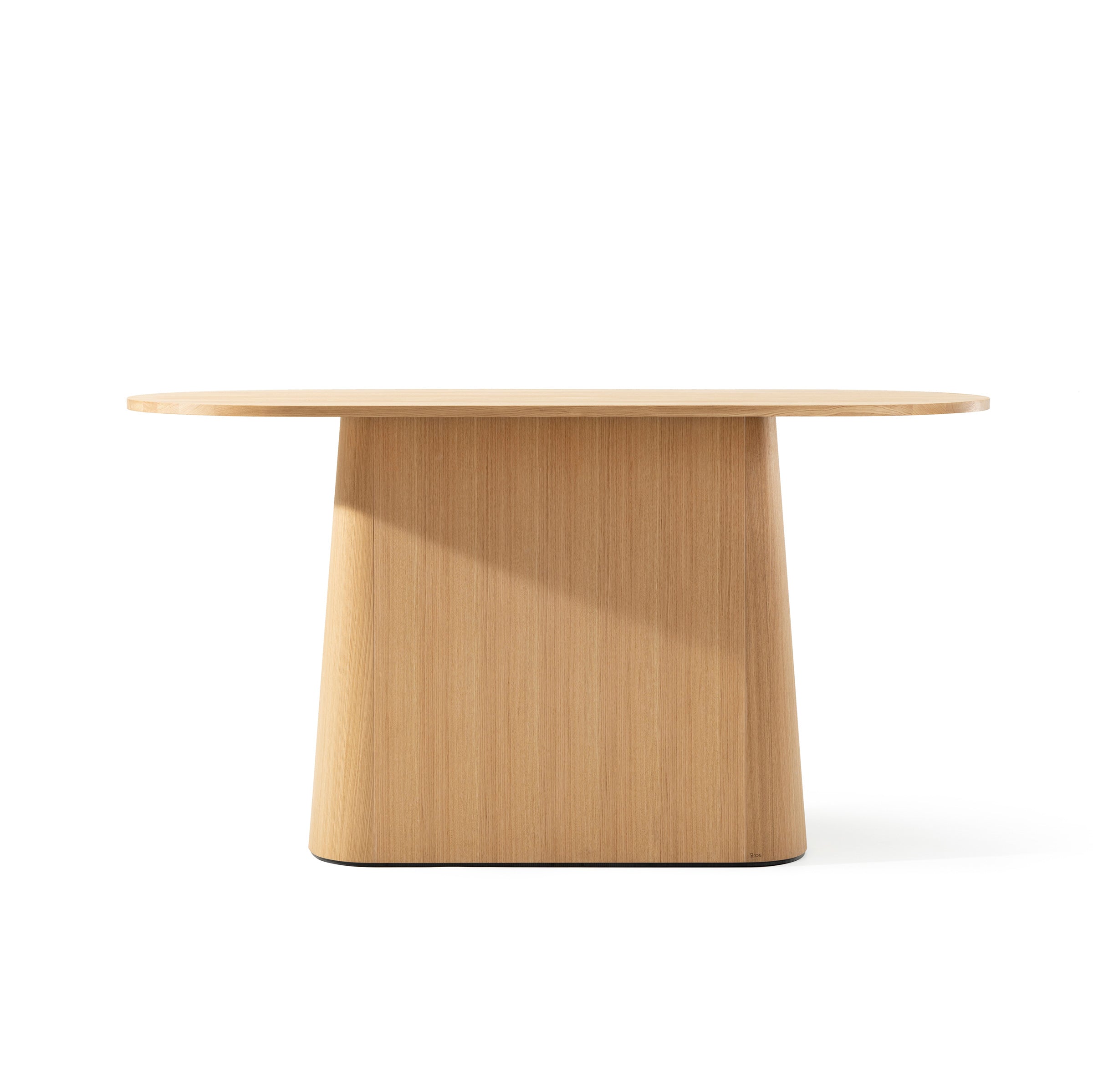 The P.O.V. Table 468 by TON is a minimalist masterpiece featuring a rectangular wooden top atop an organically shaped base that beautifully highlights the wood grain, set against a plain white background.
