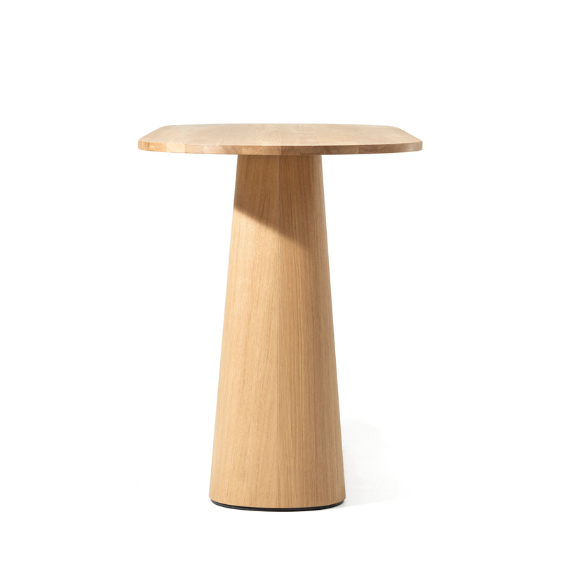 The P.O.V. Table 468 by TON is a sleek, modern wooden side table featuring a round top and a tapered, organically shaped base. The woods light, natural finish embodies minimalist elegance against a white background.