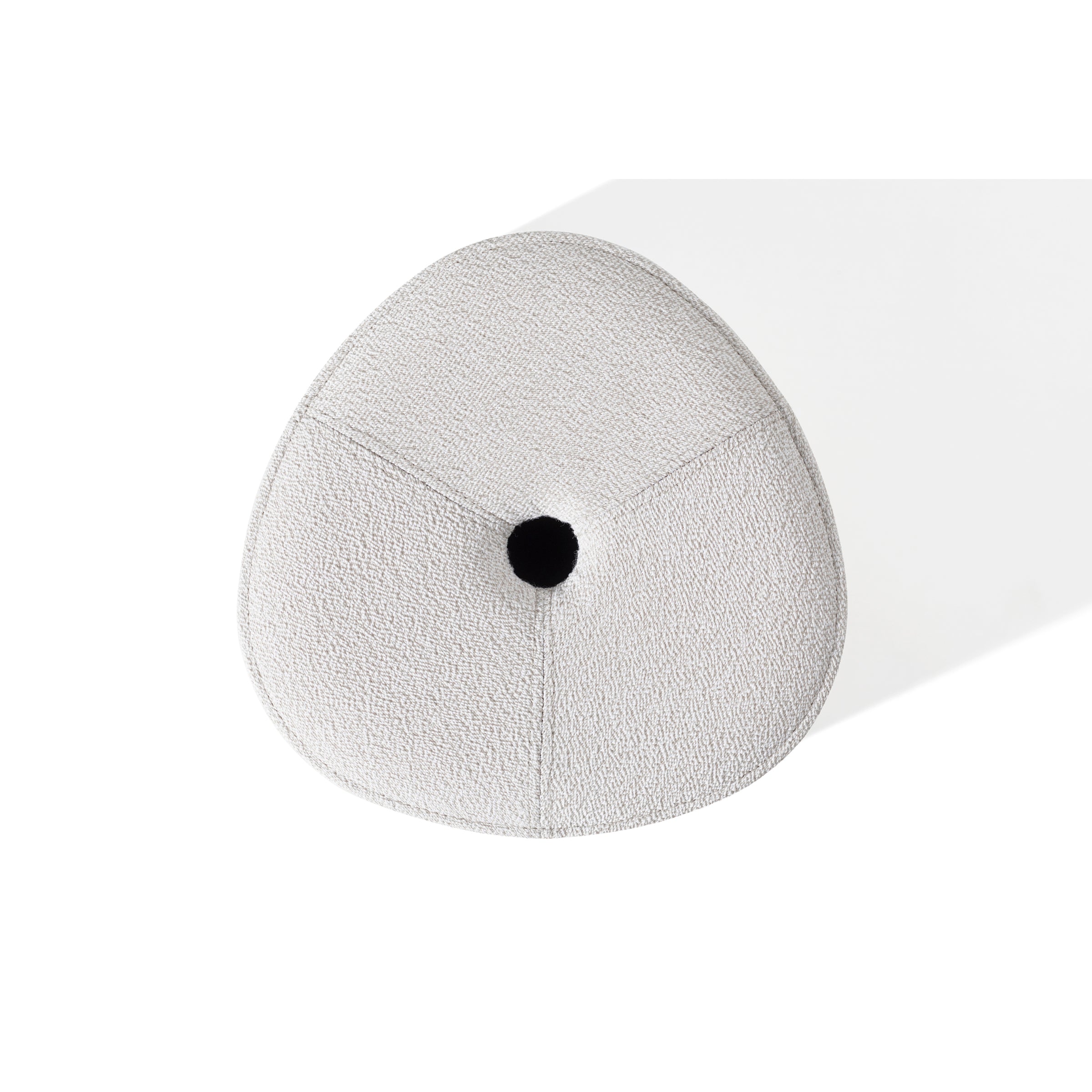 Top-down view of the light gray, textured P.O.V. Stool Upholstered by TON, featuring a three-sided design with a central black dot. The stackable dining stool casts a faint shadow on the white background, highlighting its sleek design.