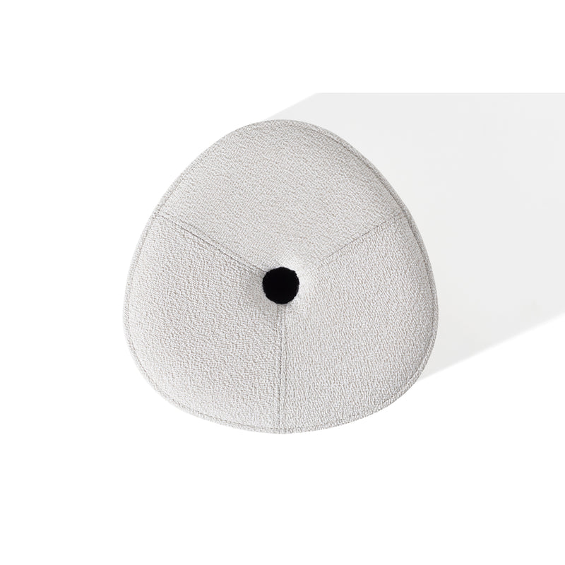 Top-down view of the light gray, textured P.O.V. Stool Upholstered by TON, featuring a three-sided design with a central black dot. The stackable dining stool casts a faint shadow on the white background, highlighting its sleek design.