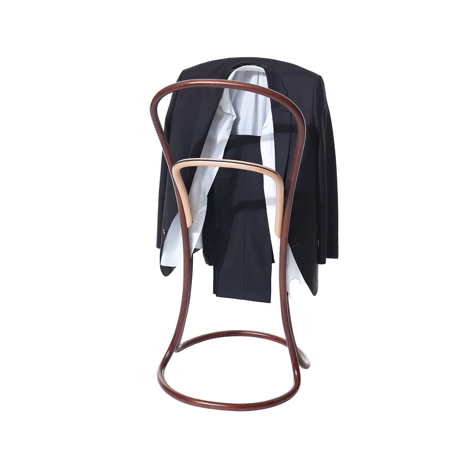 The Petalo by TON, showcasing TONs wood bending techniques, elegantly holds a dark suit jacket, white dress shirt, and matching trousers against a plain white background.