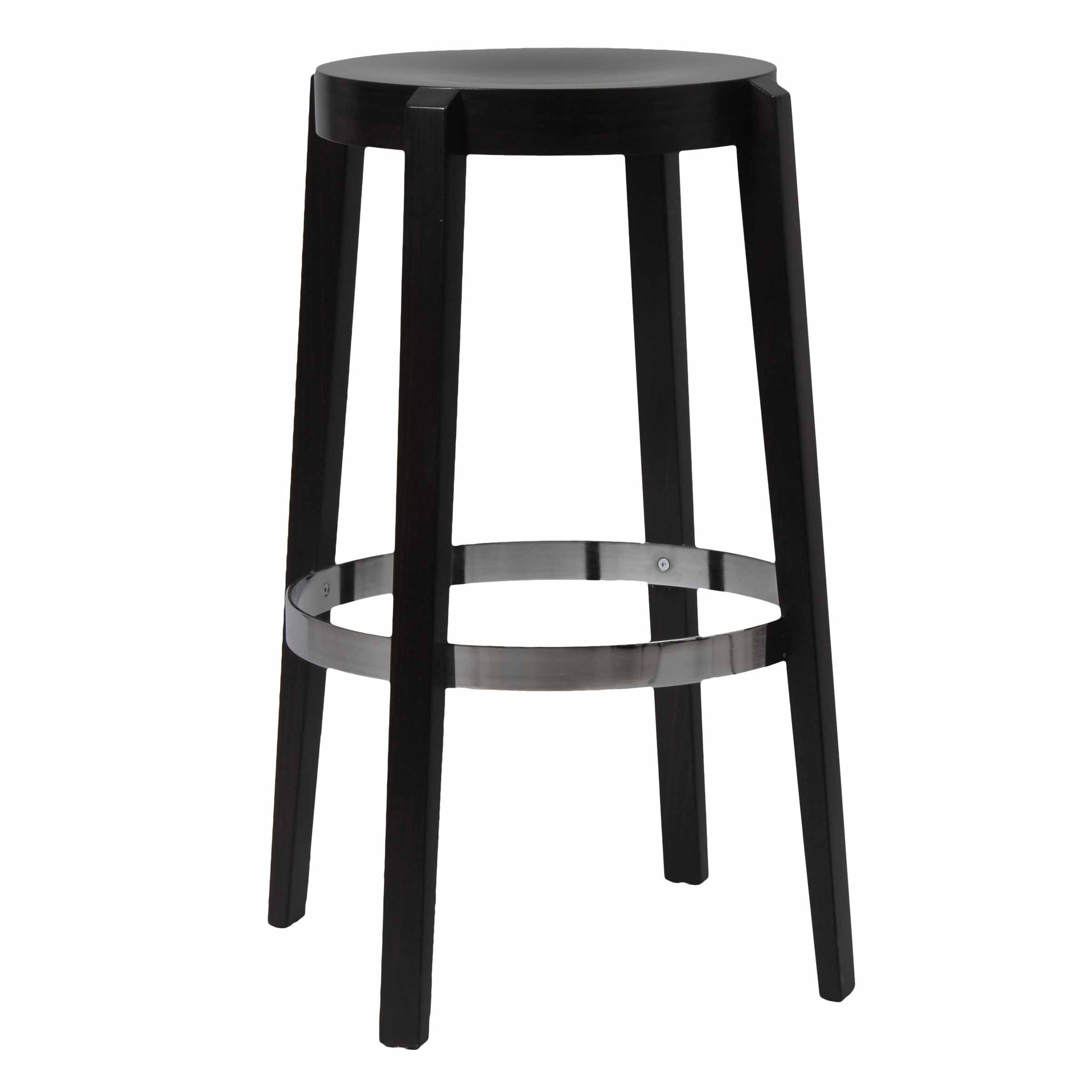 The TON Barstool Punton boasts a sleek black wooden seat with a circular design, sturdy beech legs, and a round metal footrest for comfort. Its modern aesthetic and clean design make it ideal for any contemporary space.