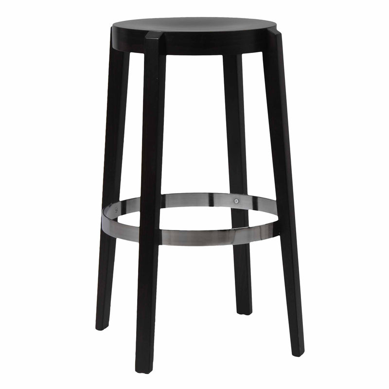The TON Barstool Punton boasts a sleek black wooden seat with a circular design, sturdy beech legs, and a round metal footrest for comfort. Its modern aesthetic and clean design make it ideal for any contemporary space.