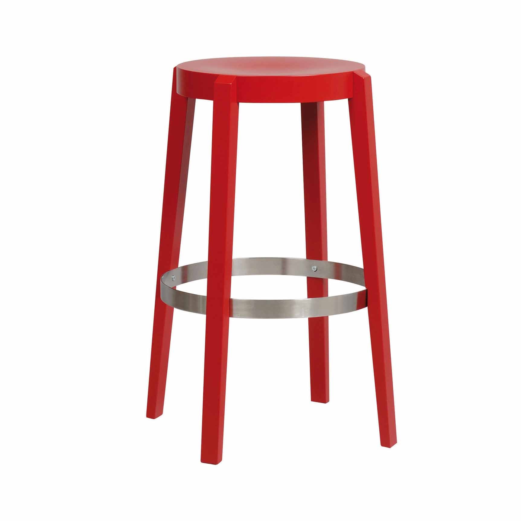 Introducing the Barstool Punton by TON: a tall, four-legged red stool with sleek beech legs, a round seat, and a metal footrest ring. Its clean design showcases modern simplicity with smooth materials and understated elegance.