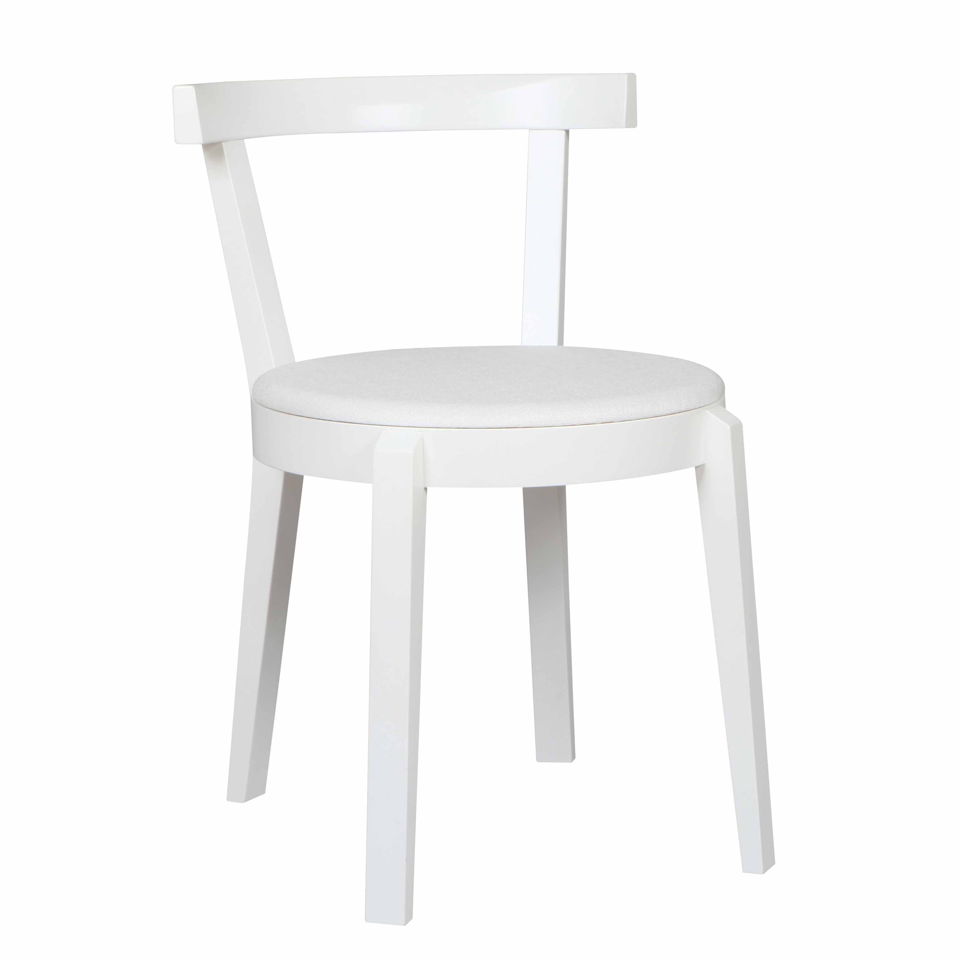 The Chair Punton by TON features a white wooden frame with a round, light gray cushioned seat. Its minimalist design includes a slightly inclined backrest and four angled legs, highlighting the art of bent furniture craftsmanship.