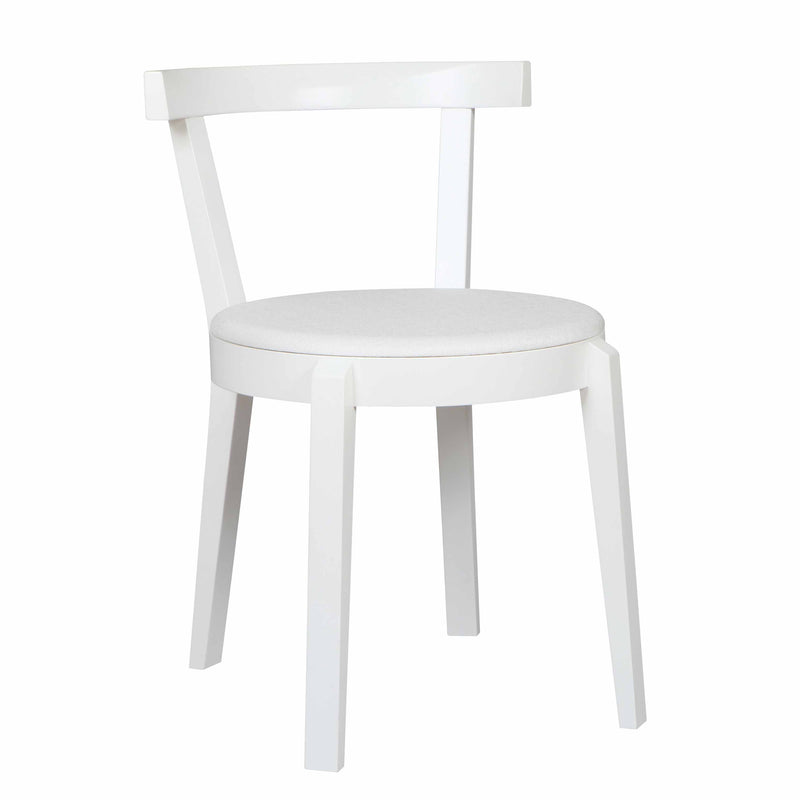 The Chair Punton by TON features a white wooden frame with a round, light gray cushioned seat. Its minimalist design includes a slightly inclined backrest and four angled legs, highlighting the art of bent furniture craftsmanship.
