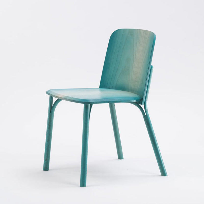 The Chair Split - Upholstered by TON is a contemporary turquoise wooden chair with a smooth seat, slightly reclined backrest crafted from manually bent wood and supported by four rounded legs, displayed on a plain white background.