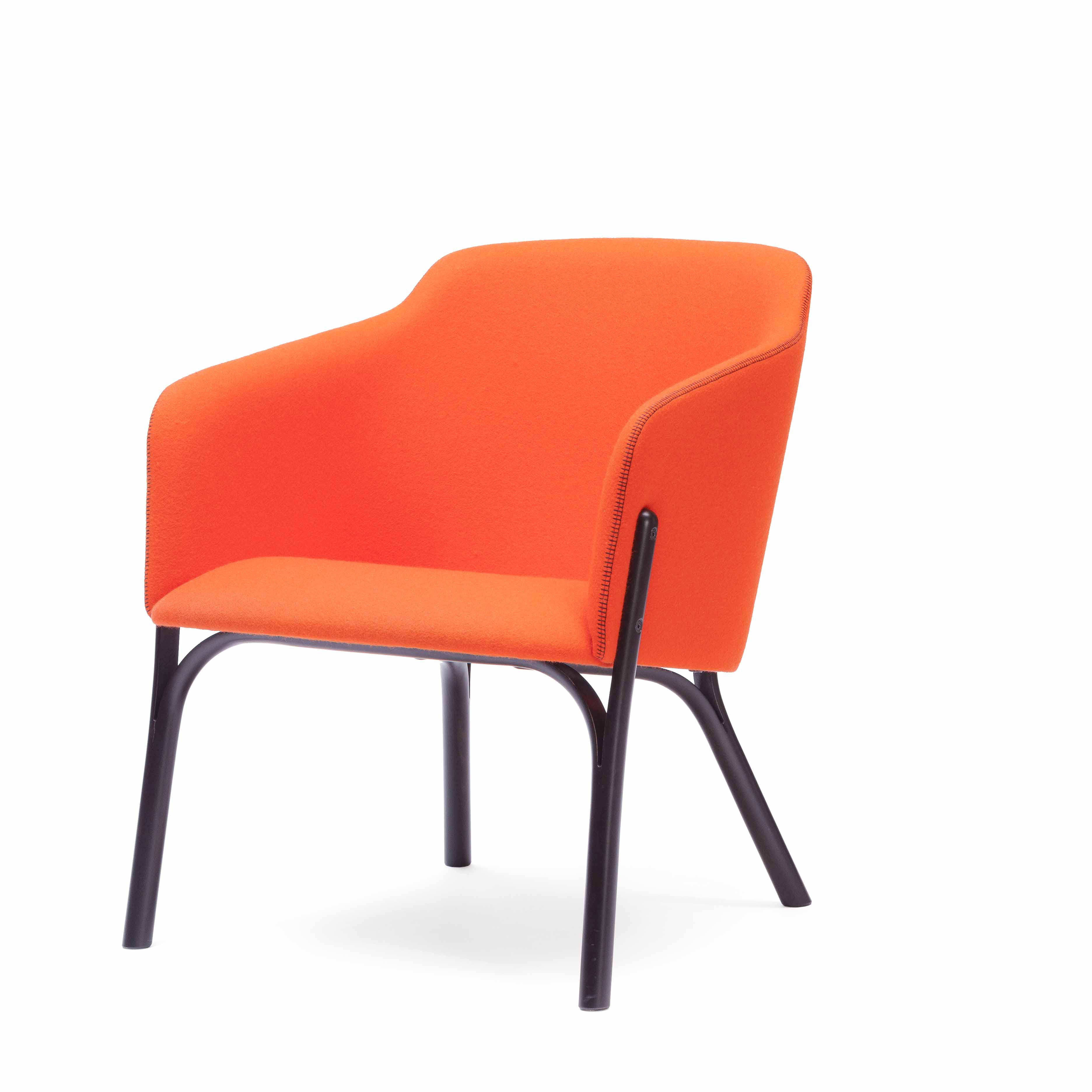 The TON Lounge Chair Split features striking orange upholstery with a sophisticated curved backrest and armrests, set on sleek black metal legs. Its modern design and higher backrest create a stunning contrast against the white background.