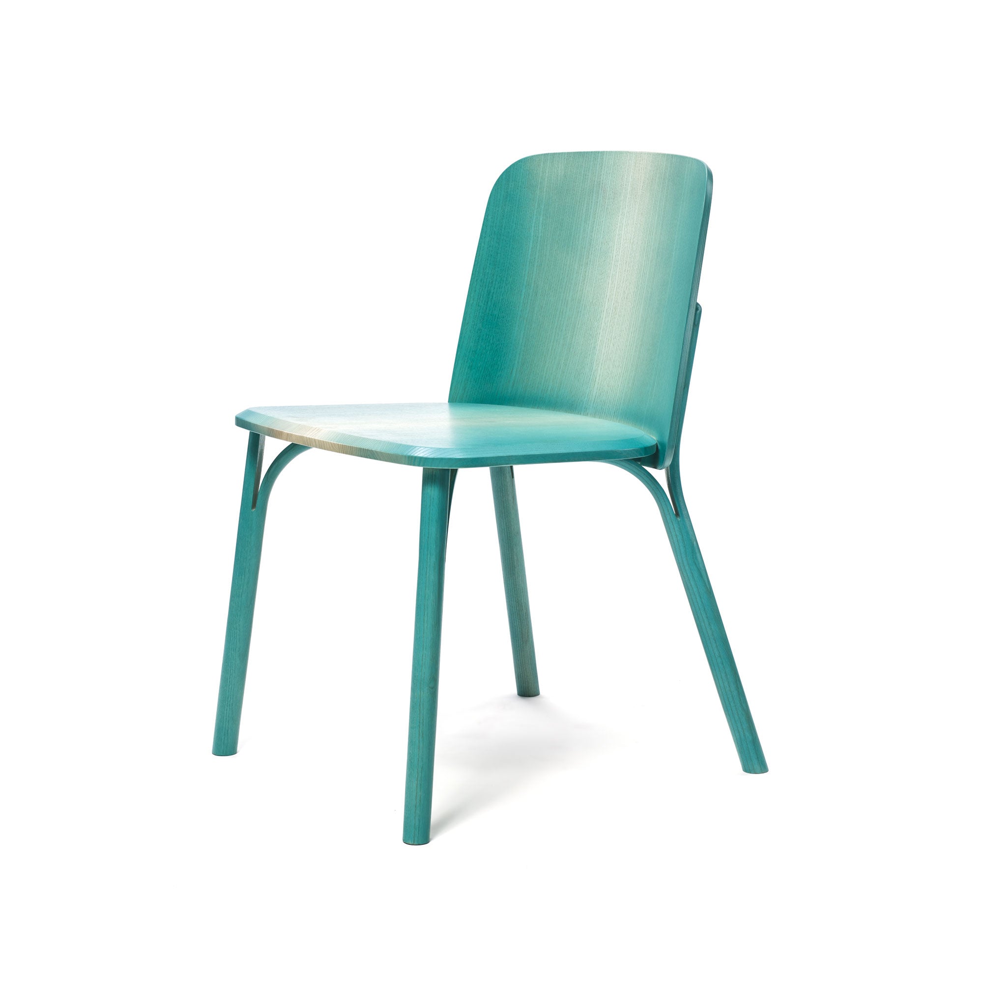The Chair Split by TON features a modern design with a teal finish, a curved backrest, and four robust legs made from manually bent wood, set against a white backdrop.