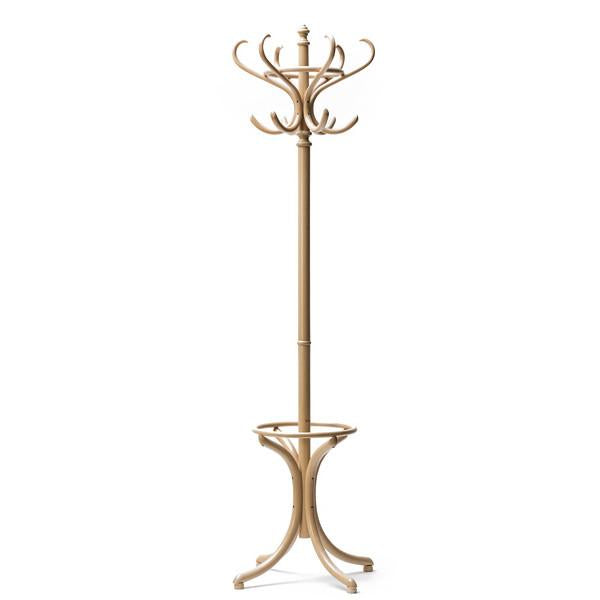 The Stand by 015 coat rack by TON stands upright with a classic, vintage look featuring several curved hooks extending from the top. Its circular base and elegant arches, combined with a light natural wood finish, enhance its timeless universal appeal.