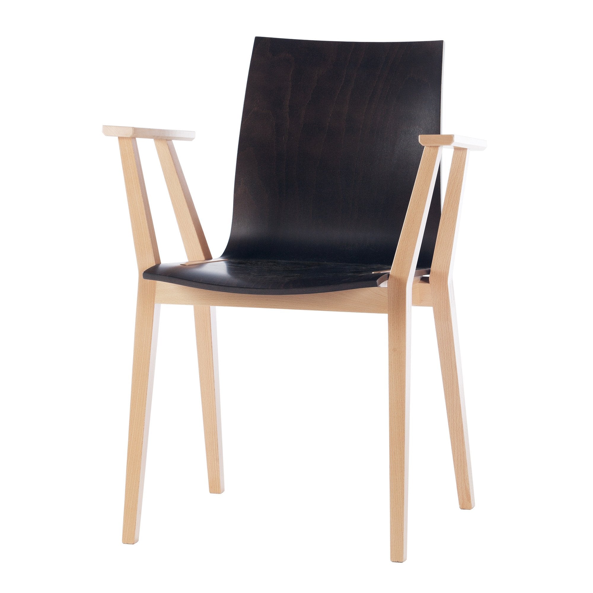 The Armchair Stockholm by TON features a sleek black seat and backrest, light beech wood frame, minimalist armrests, and angled legs, blending Scandinavian design with natural elements for a contemporary look.