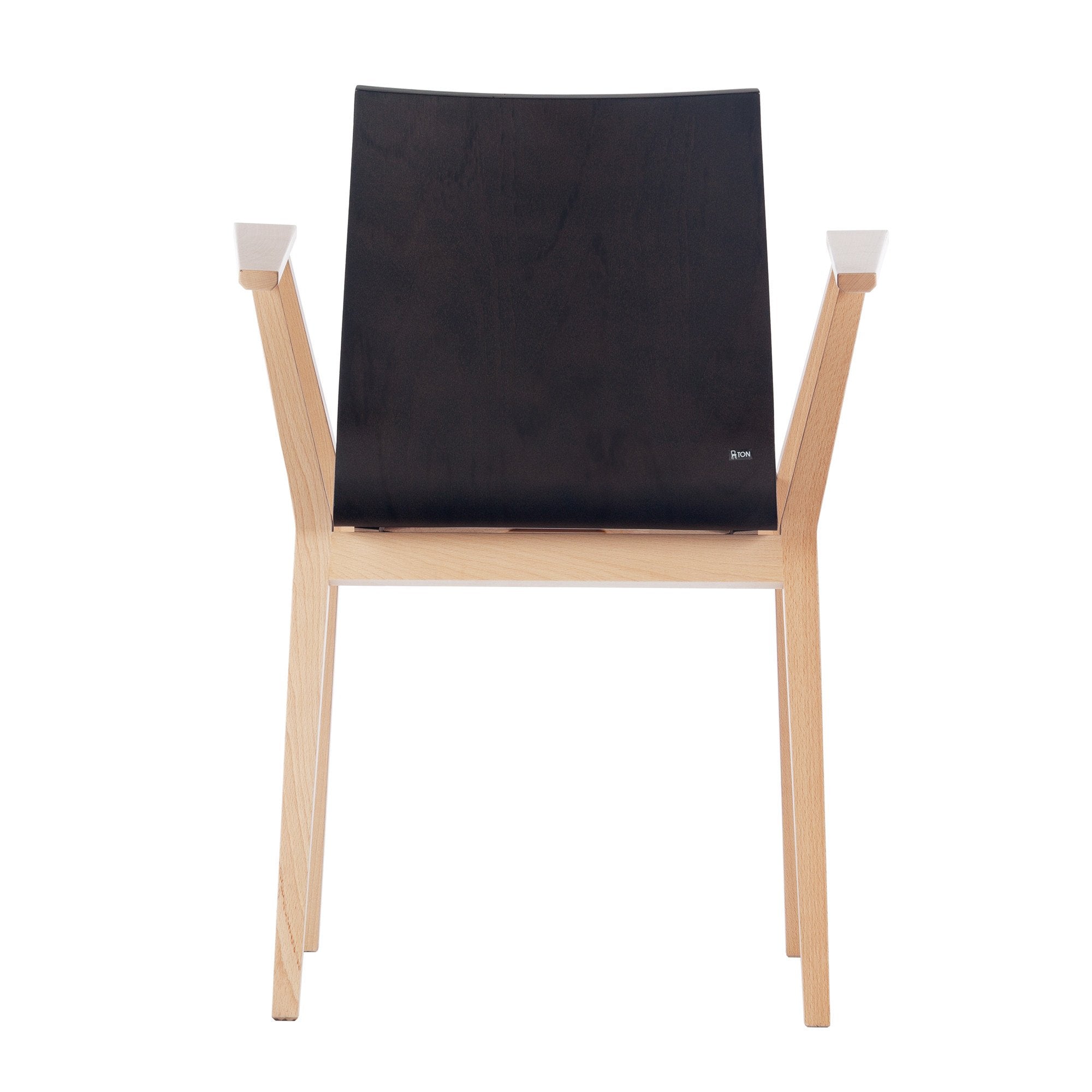 The Armchair Stockholm by TON is a modern wooden chair with a minimalist Scandinavian design, featuring a slightly angled black backrest and natural beech wood legs and arms, enhanced by elegant bent plywood.