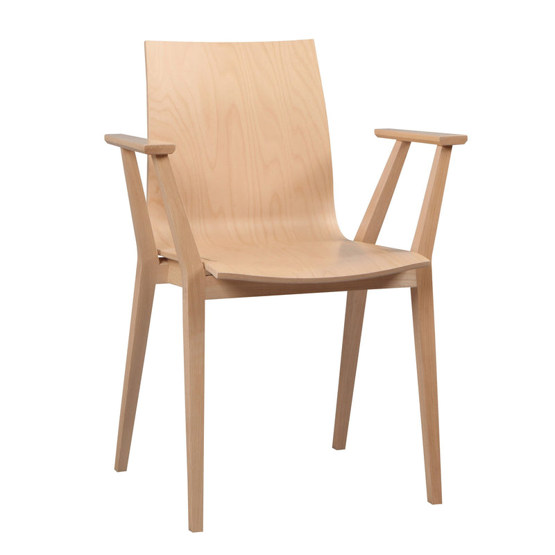 The Armchair Stockholm by TON is a modern piece crafted from bent plywood with a light wood finish. It features a curved backrest, angled arms, and four straight legs, showcasing minimalist Scandinavian design.