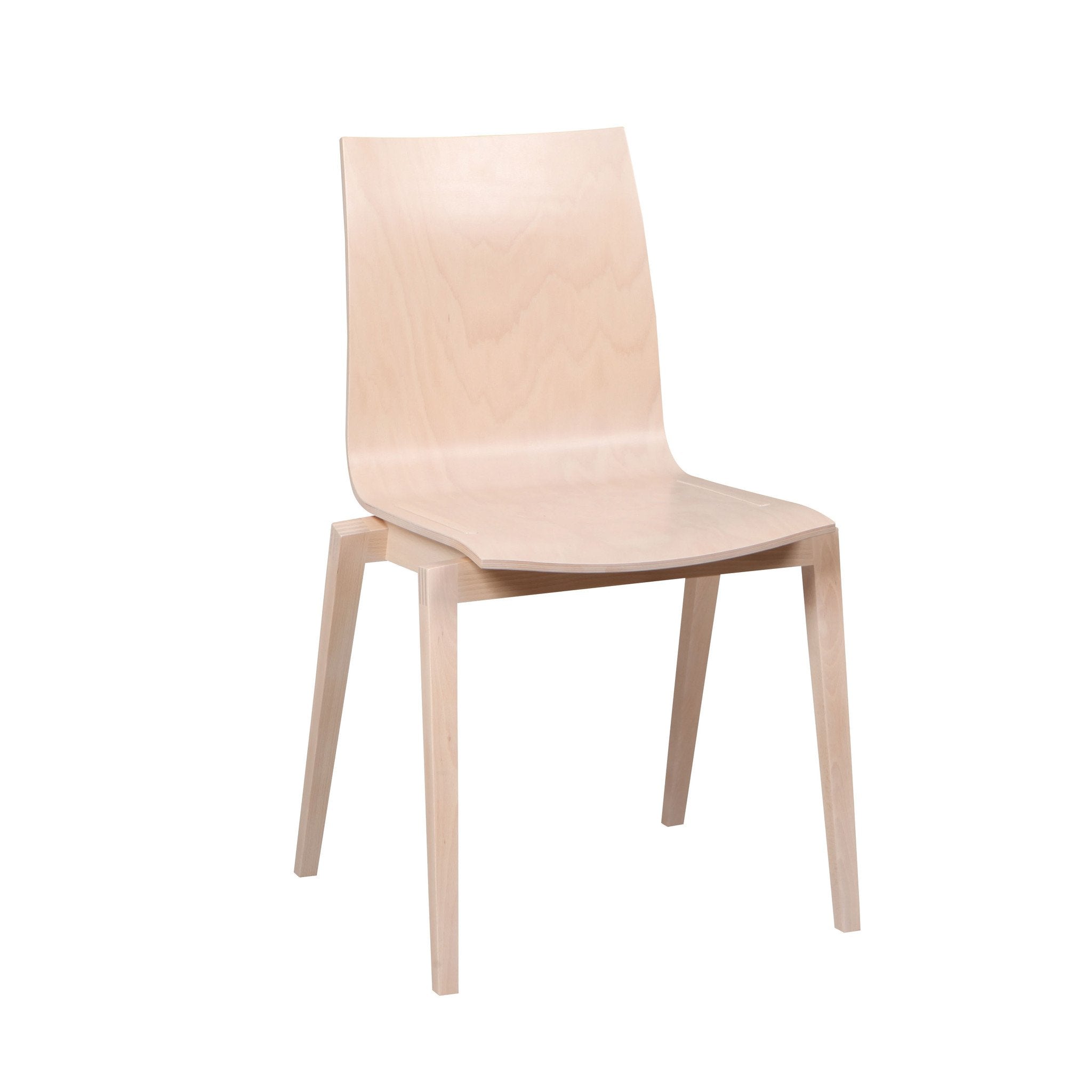 The Chair Stockholm by TON features a minimalist design with a smooth bent plywood backrest and seat, supported by four straight legs in a natural wood finish, epitomizing Scandinavian style against a white background.
