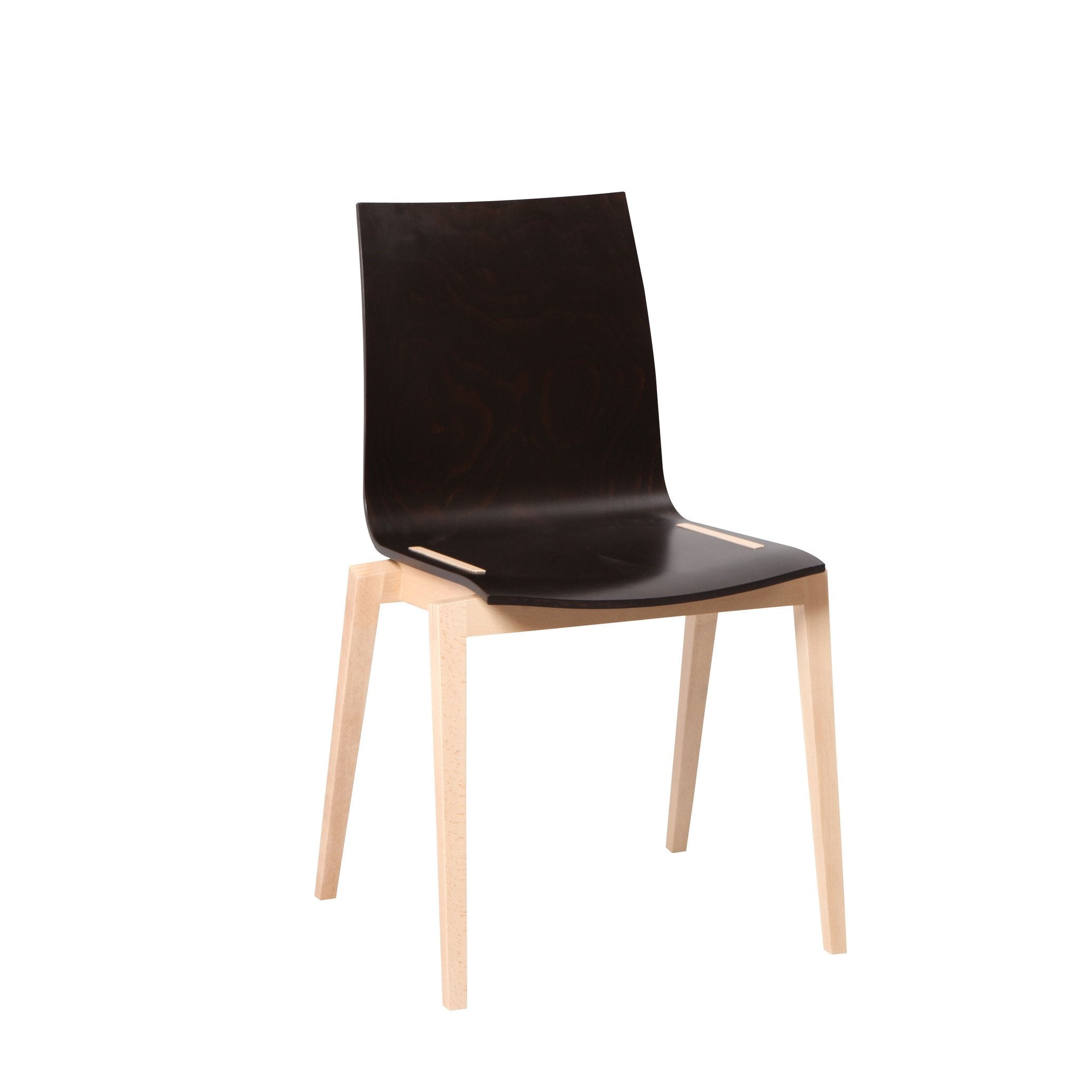 The Chair Stockholm by TON features a Scandinavian design with a smooth, curved silhouette. It has a dark wooden backrest and seat complemented by straight, slightly angled light wooden legs made from bent plywood for minimalist elegance.