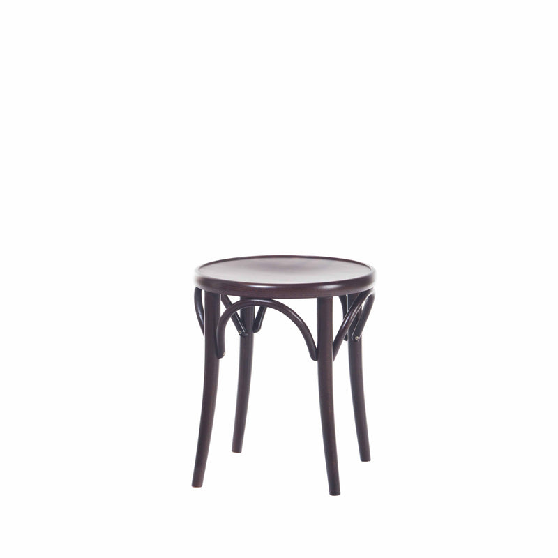 The Stool 60 by TON is a dark round wooden stool crafted from beech wood with four curved legs connected by decorative arches, set against a plain white background.