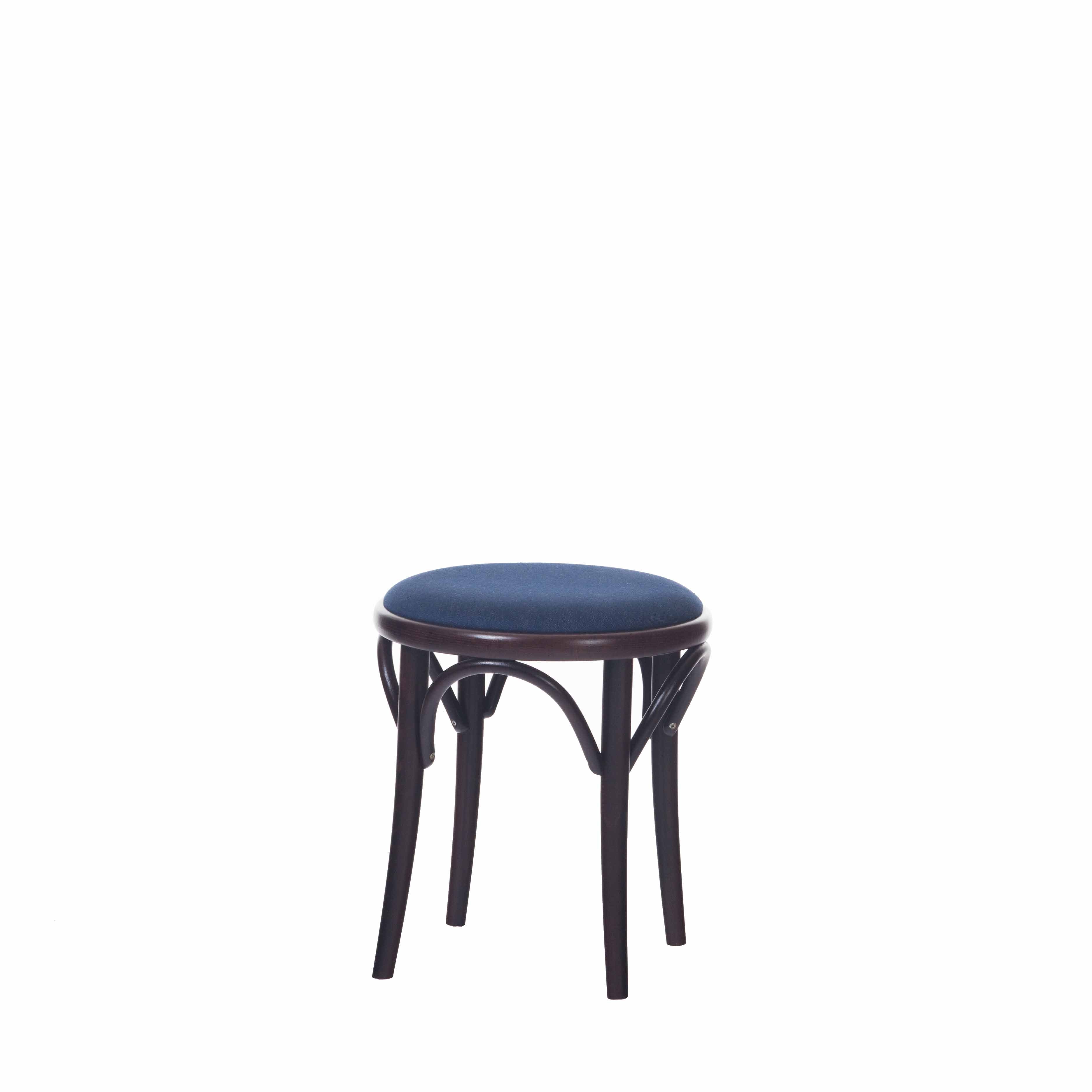 The Stool 60 Upholstered by TON showcases a beech wood design with curved legs and a round, blue cushioned seat, all set against a plain white background.