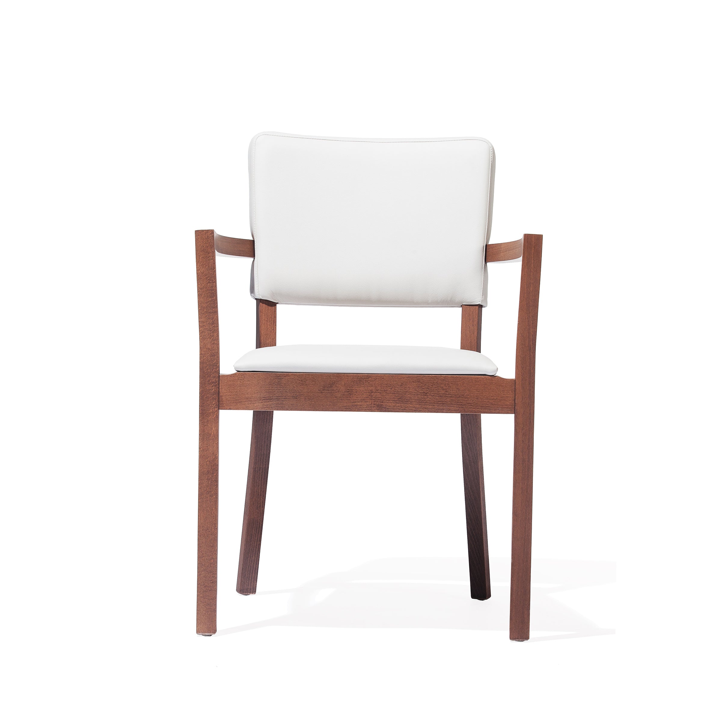 The Armchair Treviso by TON features a wooden frame with a white upholstered backrest and cushioned seat. Set against a plain white backdrop, its sleek, modern design with armrests perfectly blends comfort and style.