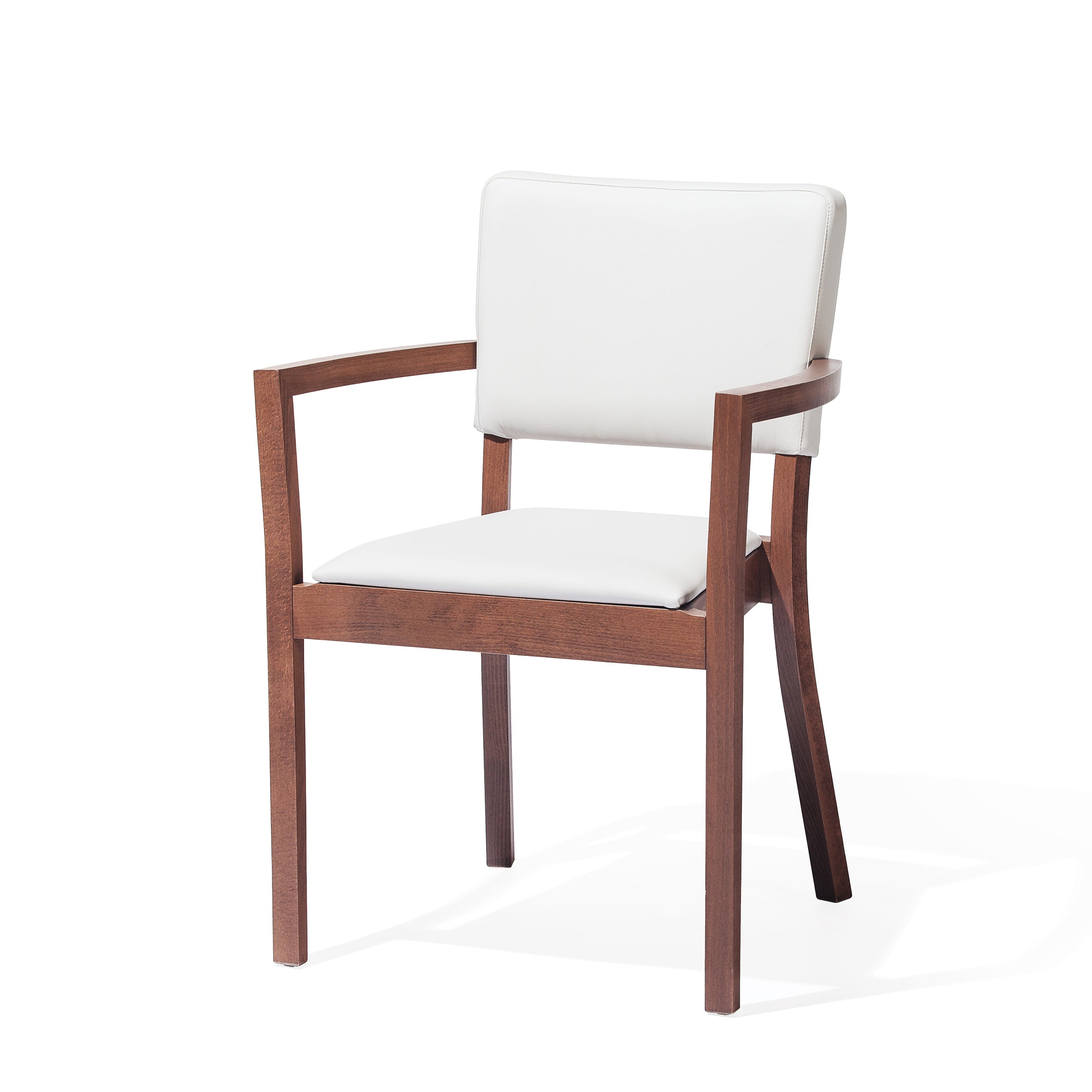 The Armchair Treviso by TON features a modern design with a square wooden frame, armrests, white cushioned seat and backrest, clean lines, and a natural wood finish for a minimalist look.