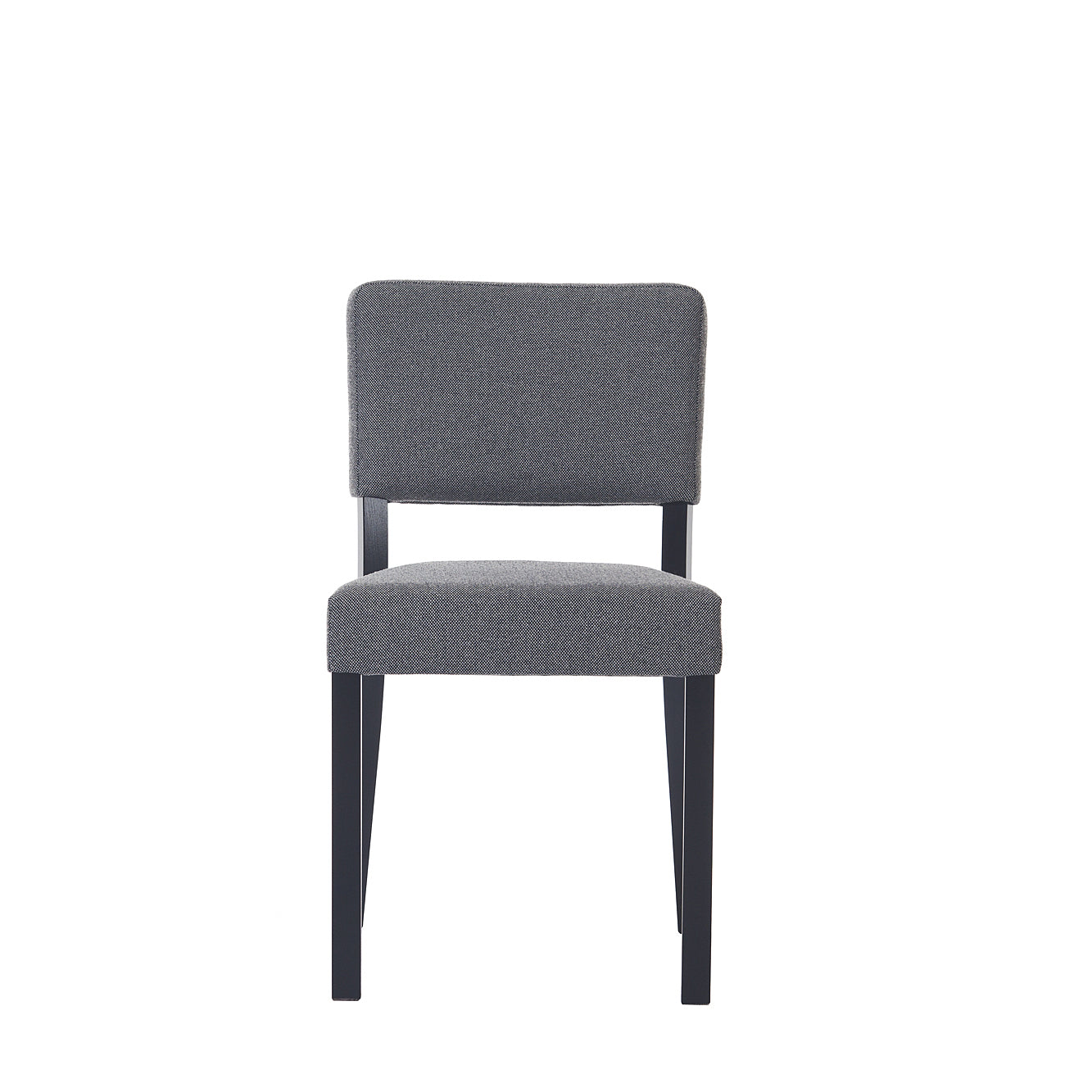 The Chair Treviso by TON showcases a minimalist design with a gray upholstered seat and backrest, complemented by sleek black legs. Positioned against a plain white background, this stylish piece enhances any modern dining space.