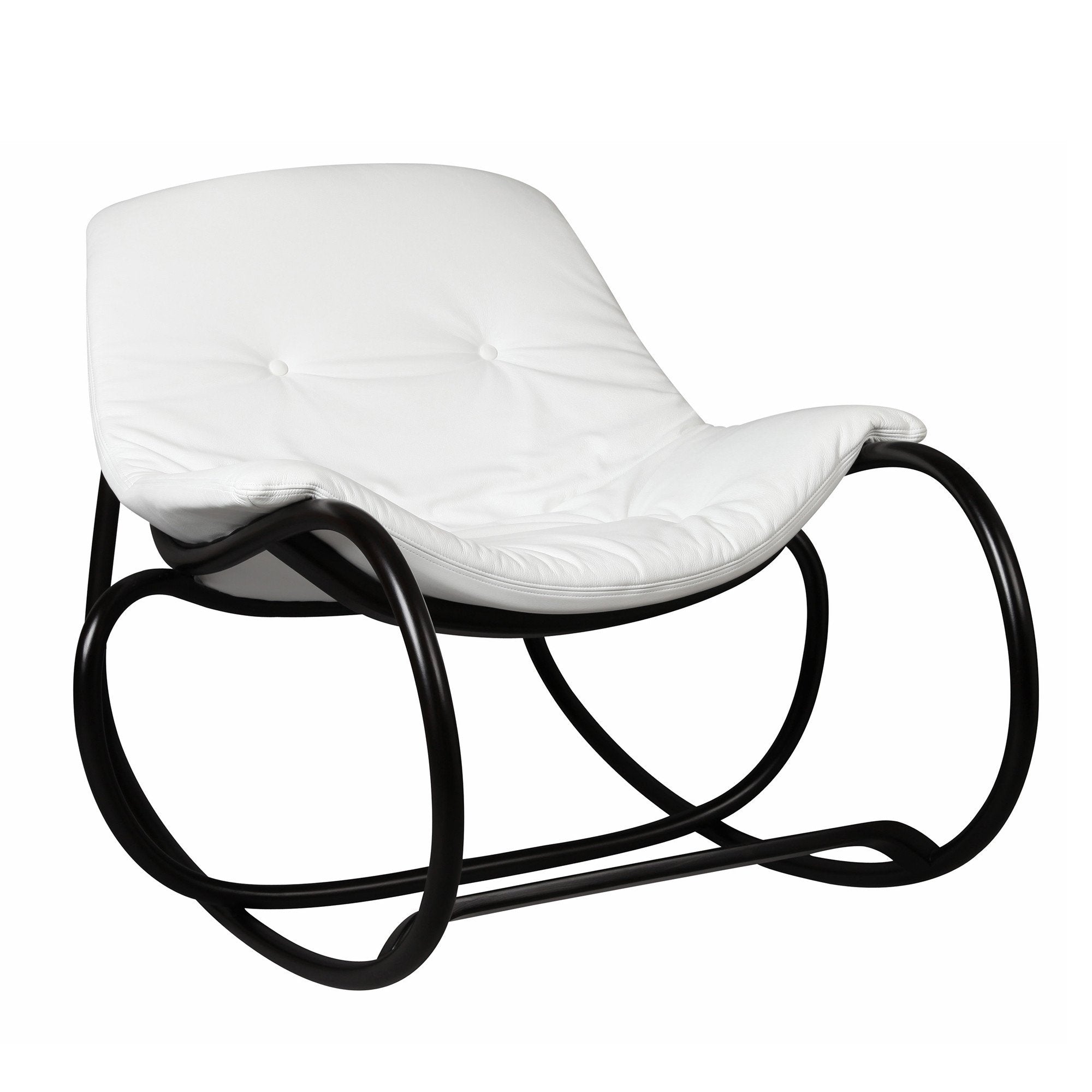 The Wave rocking armchair by TON boasts a modern design with a sleek black metal frame and padded white cushion. Its minimalist style includes circular rockers and beech rods, providing a slightly reclined seat for ultimate comfort.