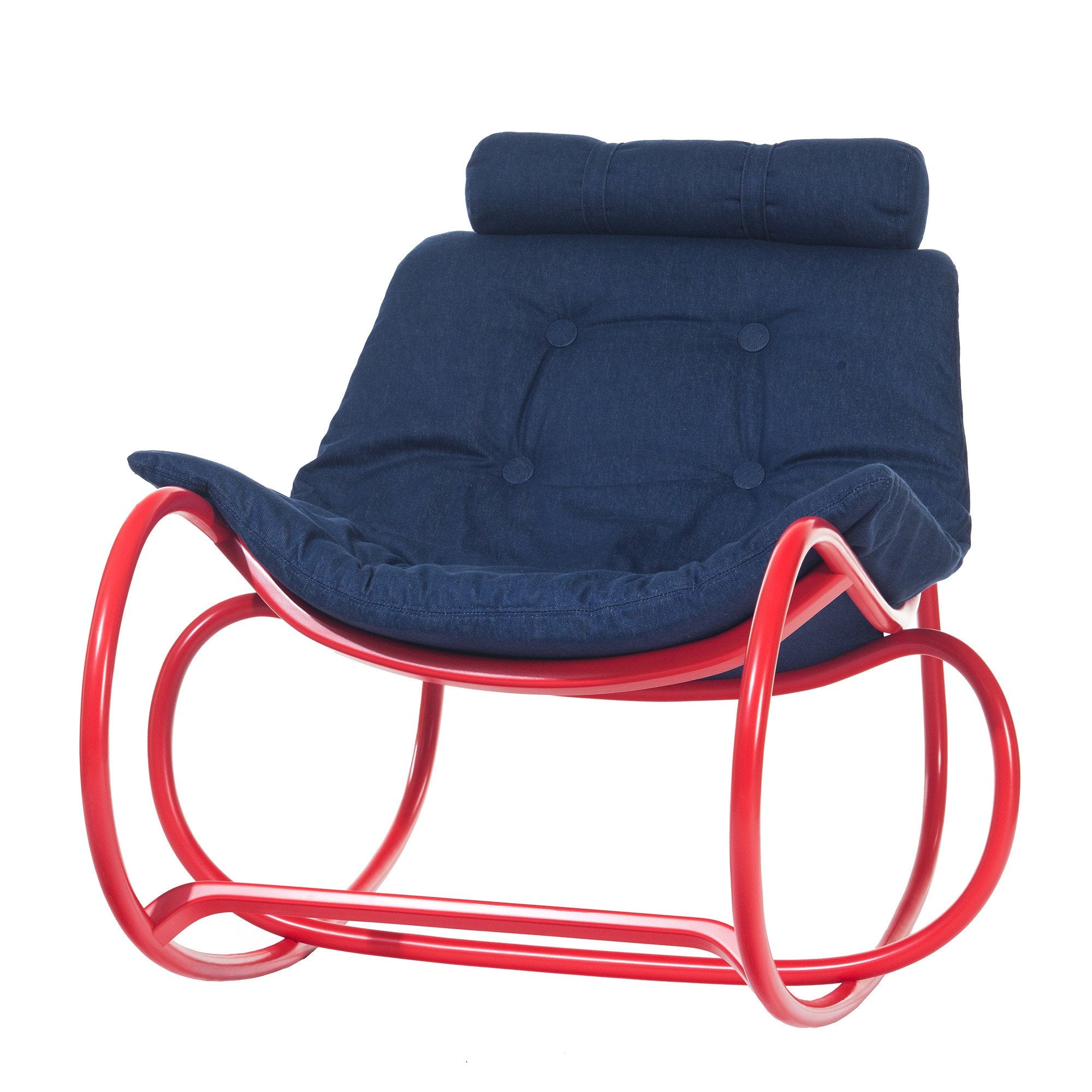 The Wave rocking armchair by TON features a sleek, modern design with a vibrant red metal frame, dark blue cushioned seat, cylindrical headrest, and beech rods for ultimate relaxation.