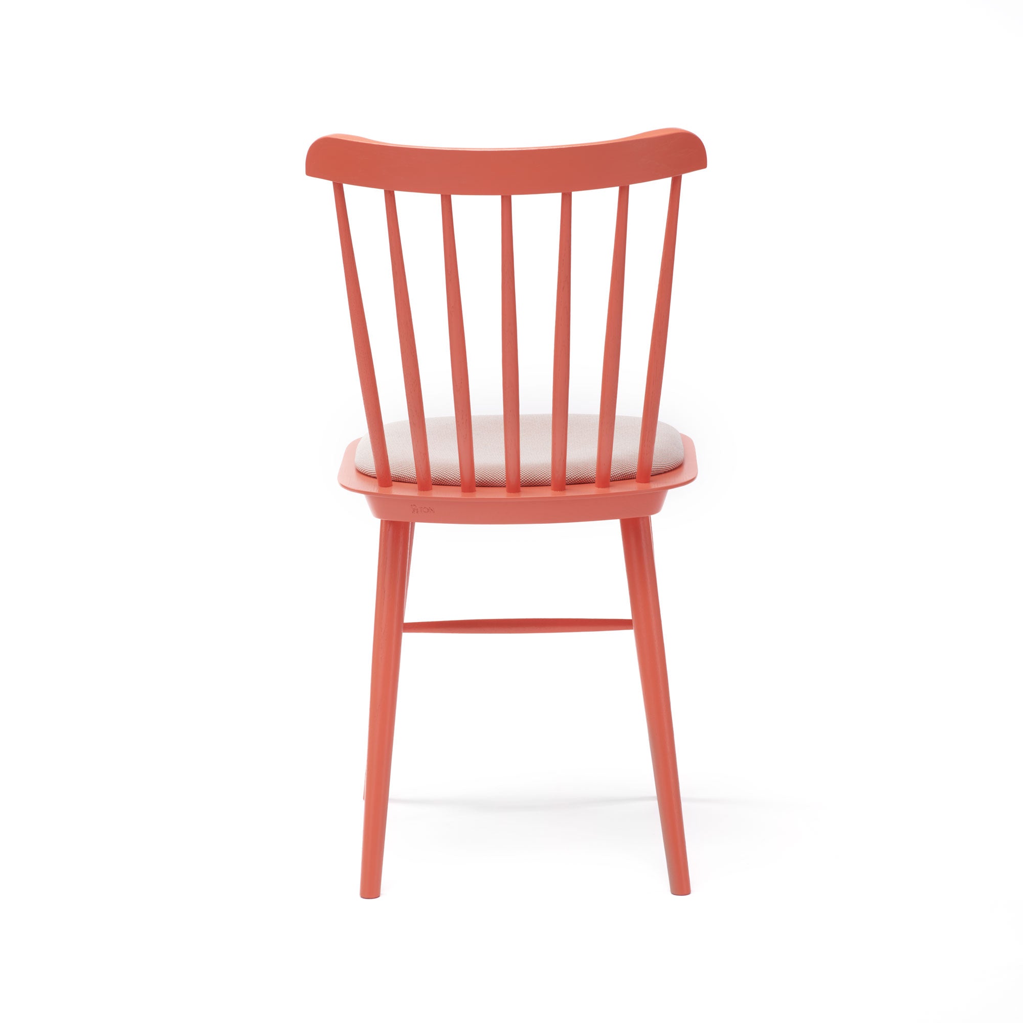 The Chair Ironica - Upholstered by TON is a retro-style red wooden dining chair featuring a slatted backrest and an off-white cushioned seat, viewed from the back against a plain white background.