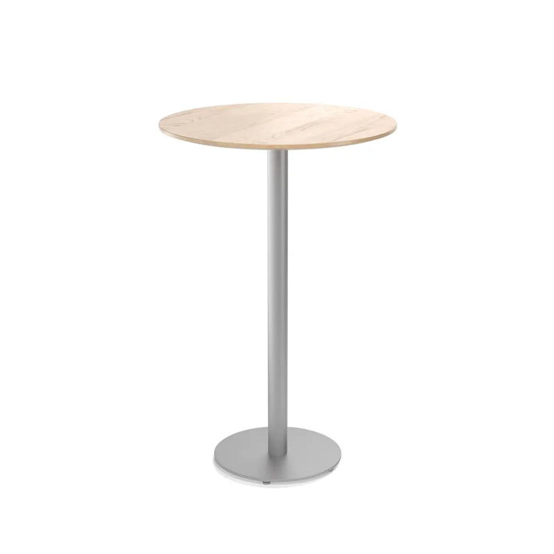 The Easy Bar Table Round by TON features a light wood top and a sleek silver steel pedestal base, offering a simple and modern design that enhances contemporary spaces.