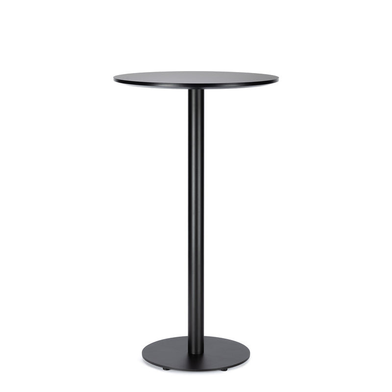 The Easy Bar Table Round by TON features a sleek, modern black round design with a slim central pedestal and steel base, offering a minimalist aesthetic suitable for various settings in the Easy Mix and Fix collection.