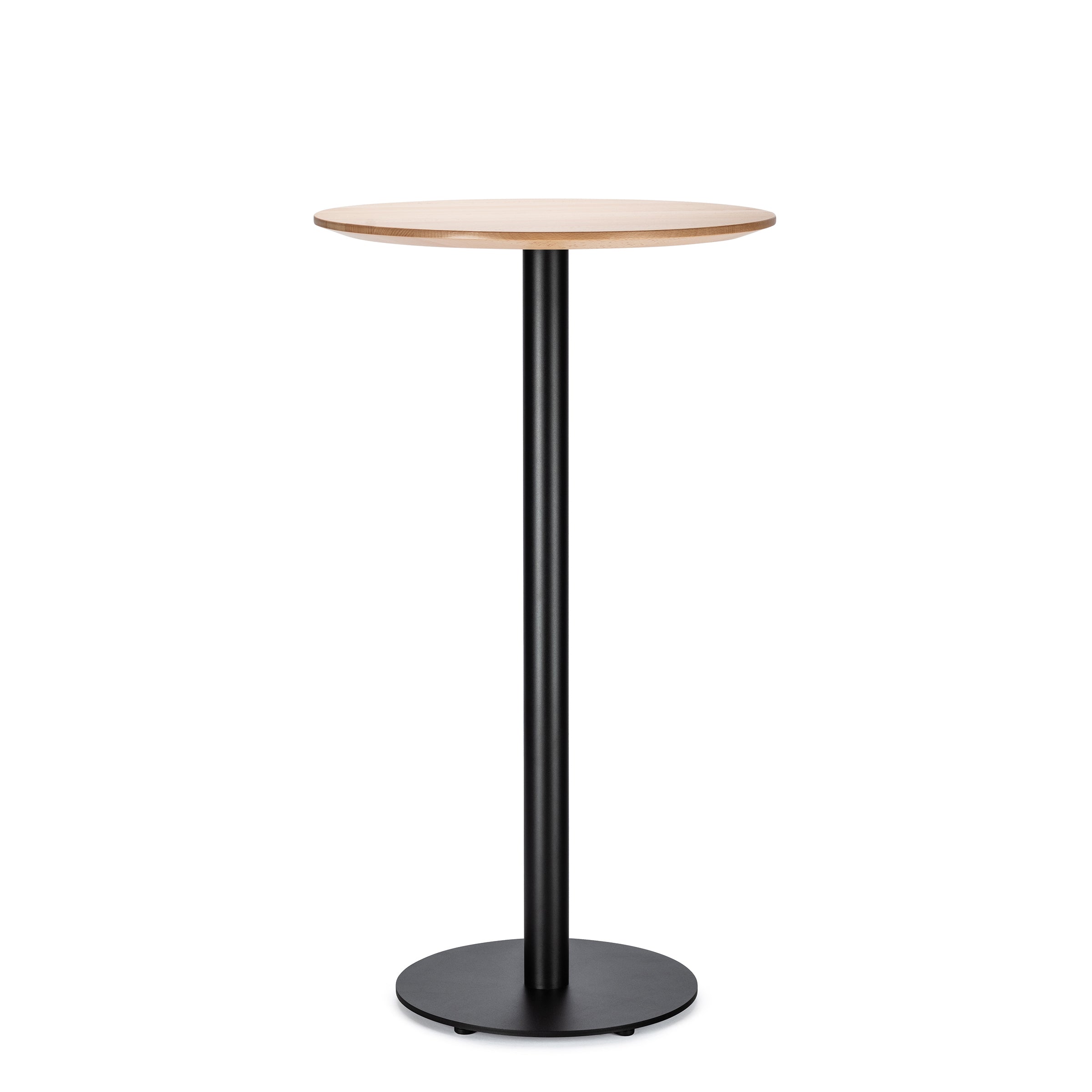 The Easy Bar Table Round by TON features a sleek, round wooden top in a light color, complemented by a stylish steel pedestal base, embodying modern elegance and minimalist design.