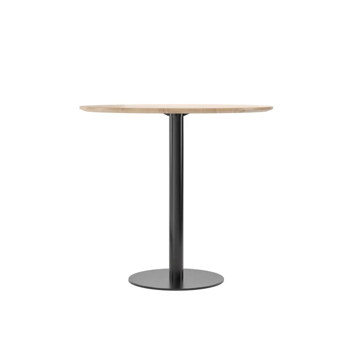 The Easy Bistro Table Round by TON features a light wooden top and sleek black metal pedestal base, ideal for bistro and bar height settings, set against a plain white background.