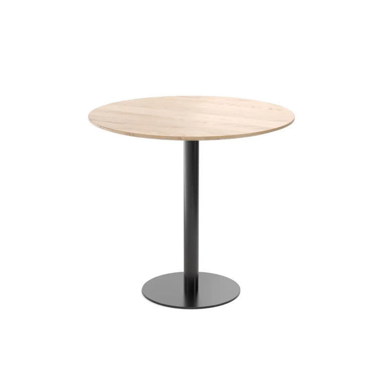 The Easy Bistro Table Round by TON features a light wooden top and a single black metal pedestal base, ideal for bistro and bar height settings, set against a plain white background.