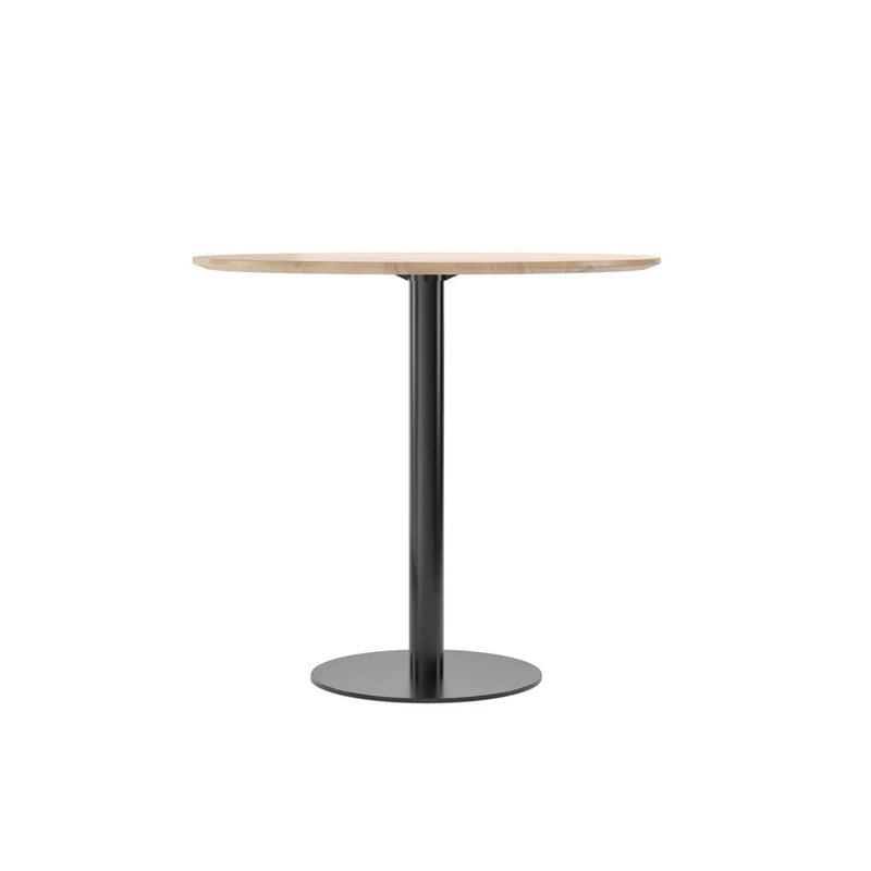 The Easy Bistro Table Round by TON features a light wooden top and sleek black metal pedestal base, ideal for bistro and bar height settings, set against a plain white background.