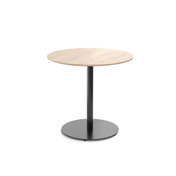 The Easy Bistro Table Round by TON features a minimalist design with a small, round, beige wooden top and black metal base. Perfect for bistro and bar settings, it stands stylishly against a white background.