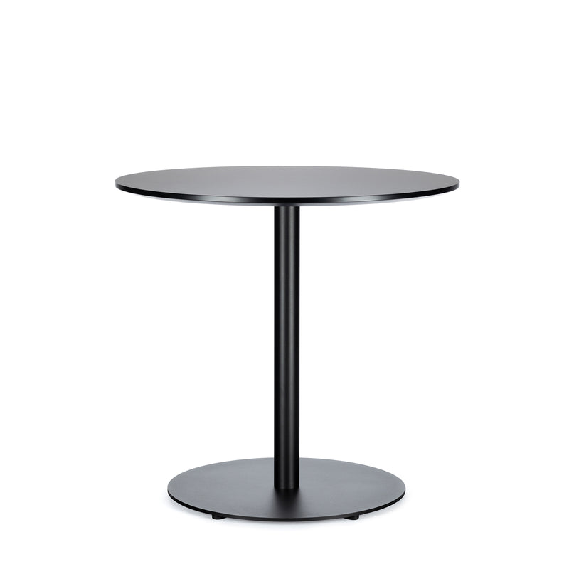 The TON Easy Bistro Table Round features a sleek, modern black design with a central pedestal and flat circular base, ideal for contemporary interiors at bar height.