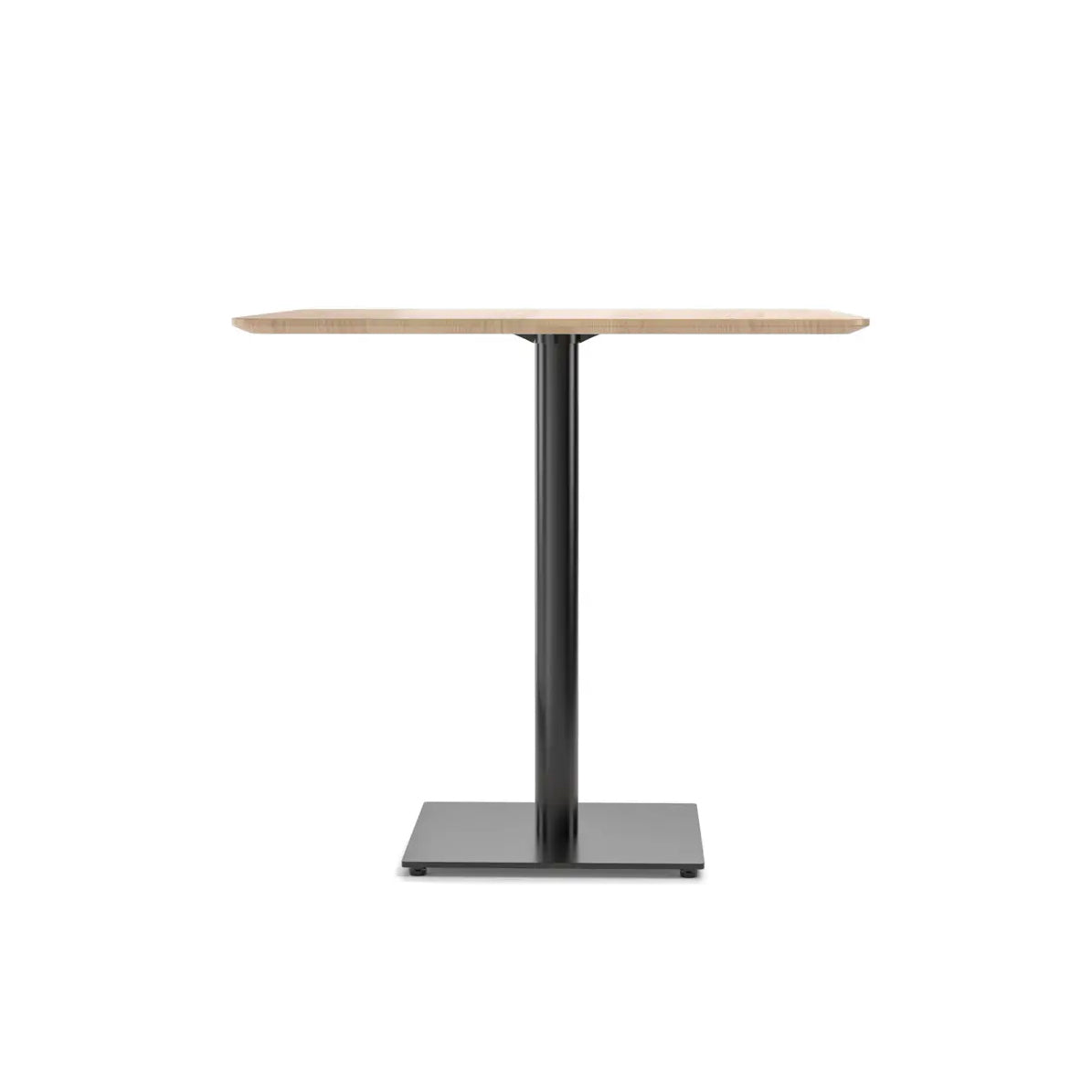 The TON Easy Bistro Table Rectangular features a modern, minimalist design with a light wood top and a sleek black metal pedestal base on a square foundation, ideal for mix and fix spaces.