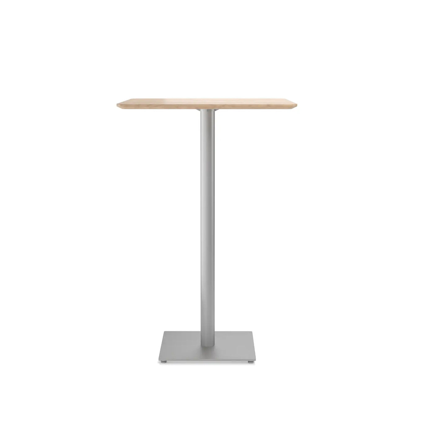 The TON Easy Bar Table Rectangular showcases a minimalist design with a light wooden top and sleek steel pedestal base, set against a plain white background.
