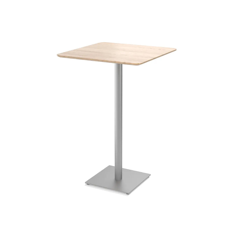 The Easy Bar Table Rectangular by TON features a sleek pedestal design with a light wood tabletop and silver metal base on a square steel platform, perfect for bistro and bar heights, seamlessly fitting into various interiors.