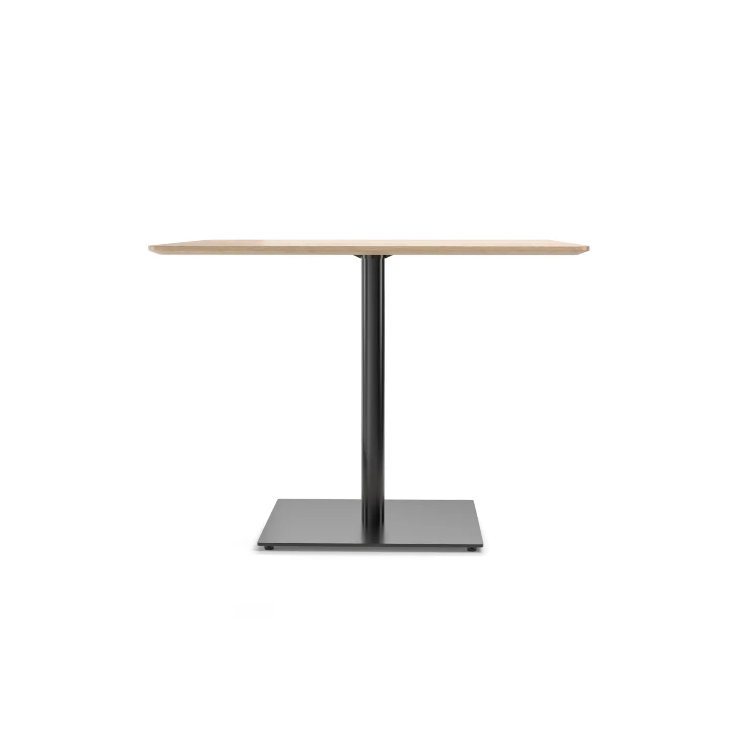 The Easy Bistro Table Rectangular by TON is a minimalist piece with a wooden square top and sleek black metal pedestal base, showcased against a plain white background.
