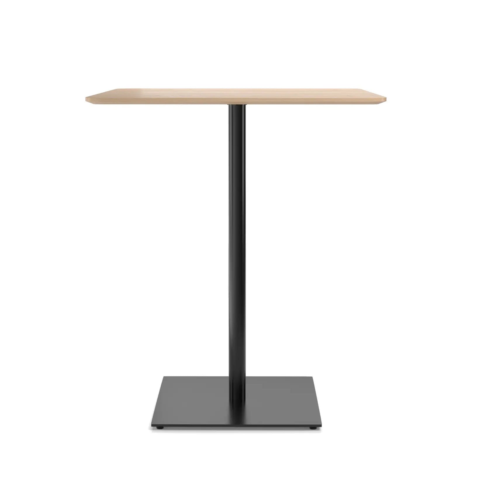 The Easy Bar Table Rectangular by TON is a minimalist pedestal table with a light wood top, sleek black metal leg, and sturdy steel base. Ideal for bistro and bar height settings, its design is simple and modern.